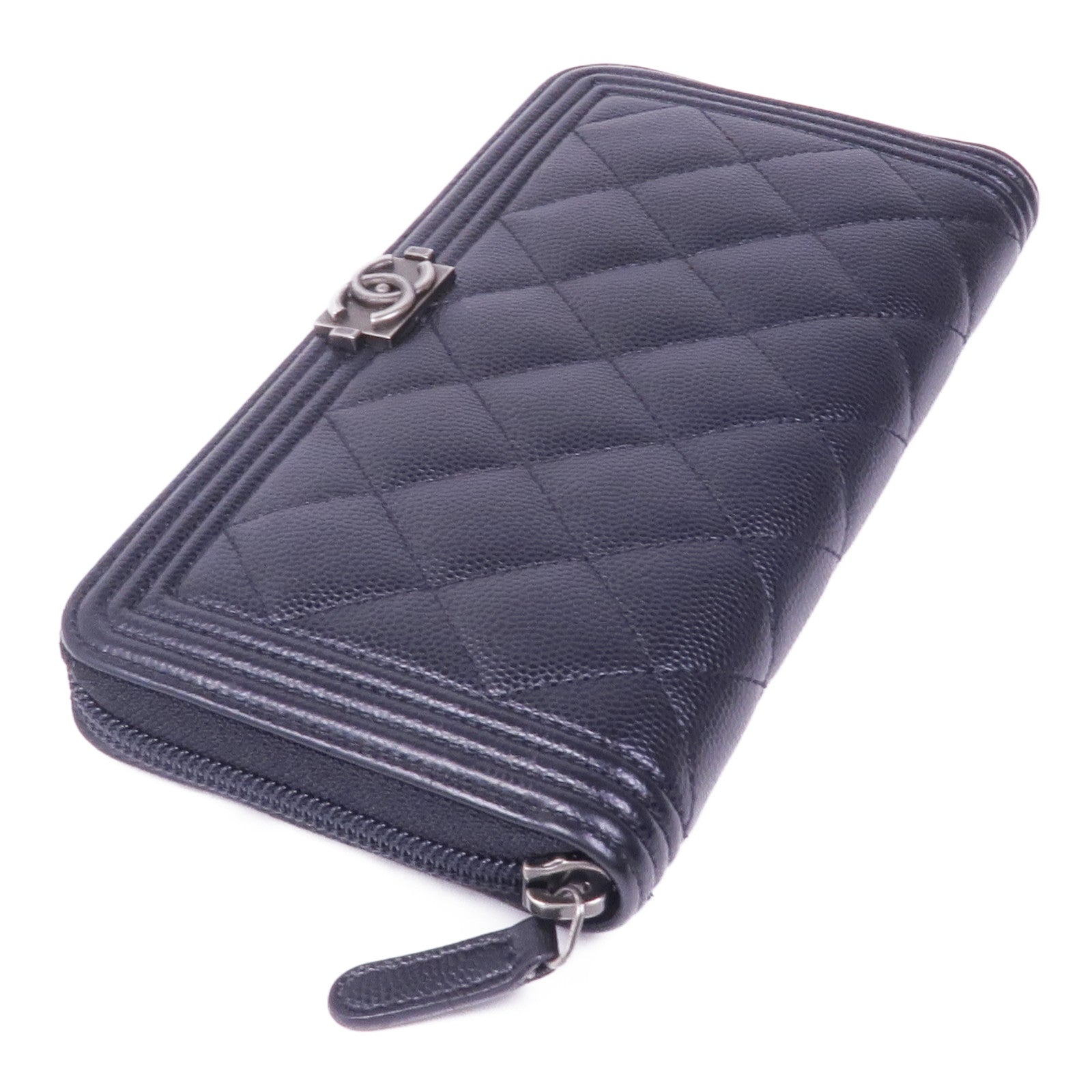 CHANEL 牛皮皮革Boy Long Wallet銀扣長錢包