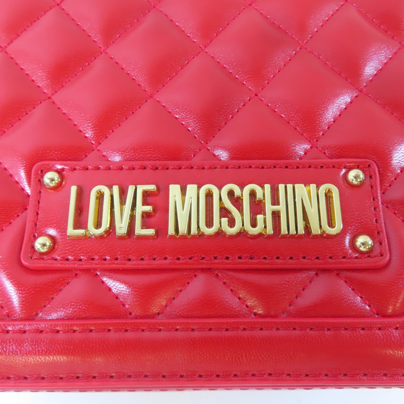 MOSCHINO 菱格塗層帆布Chain Shoulder金扣鏈帶肩背袋紅色