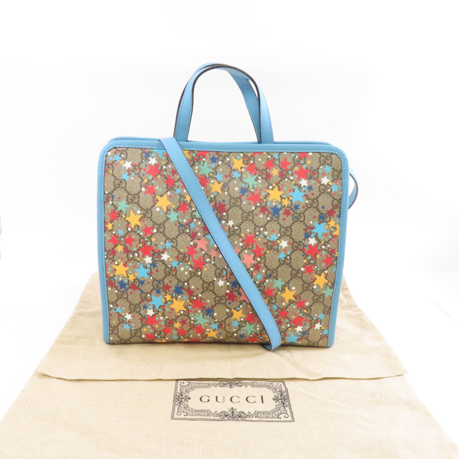 GUCCI 塗層帆布2way Shoulder Bag銀扣手挽肩背兩用袋淺藍色/棕色