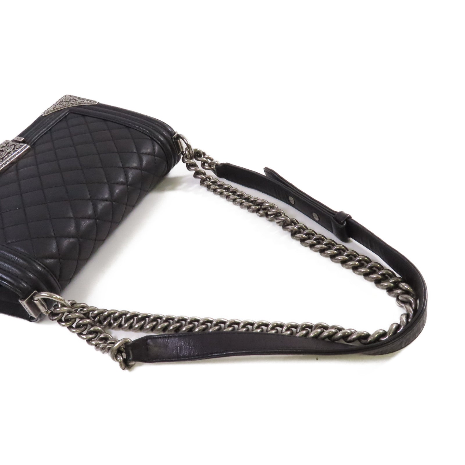 CHANEL 【激減優惠】菱格牛皮皮革Le Boy 25 Chain Shoulder Bag銀扣鏈帶肩背袋黑色