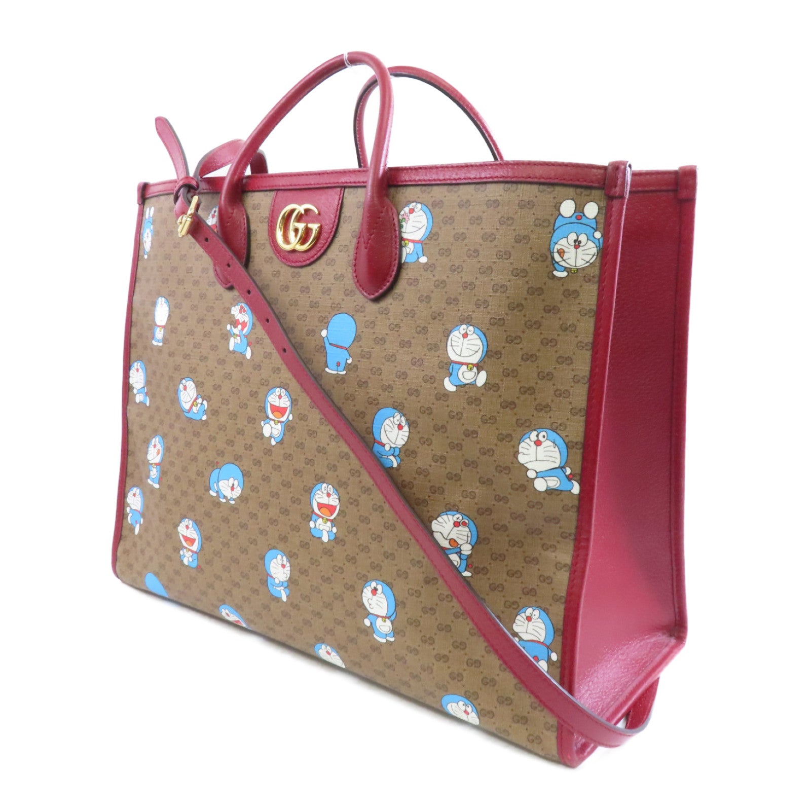 GUCCI 【激減優惠】塗層帆布Gucci X Doramon Tote Bag金扣手挽肩背兩用袋米色/紅色