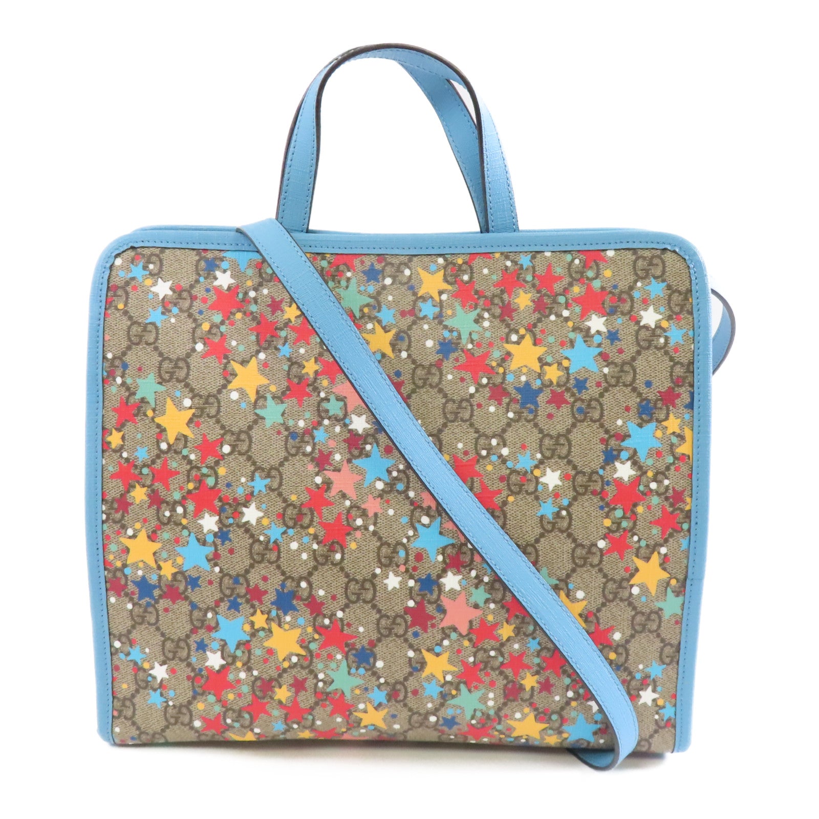 GUCCI 塗層帆布2way Shoulder Bag銀扣手挽肩背兩用袋淺藍色/棕色