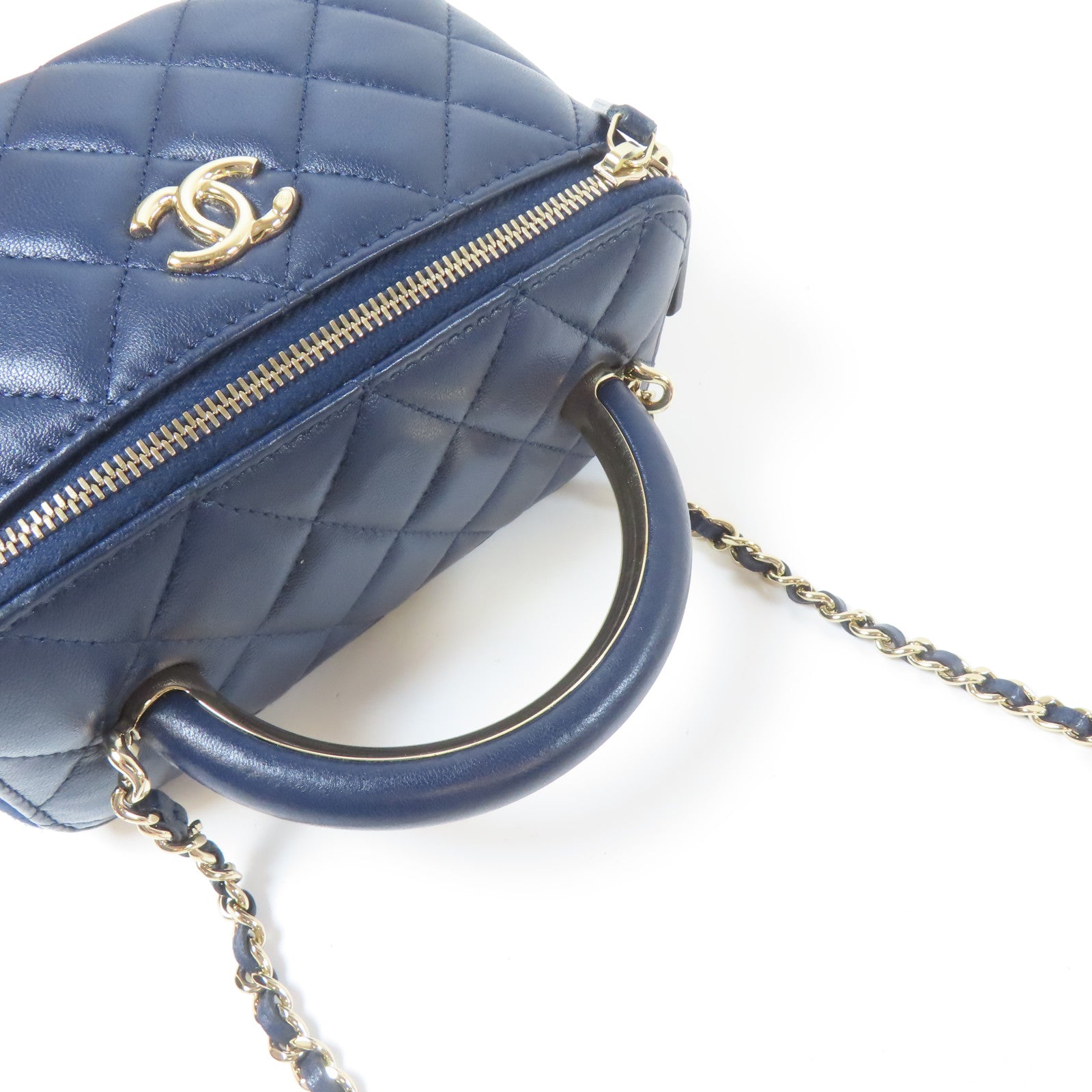 CHANEL 菱格羊皮皮革Vanity Box金扣鏈帶手挽肩背兩用袋藍色
