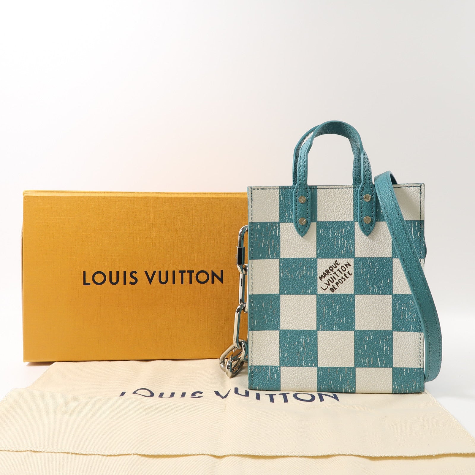 LOUIS VUITTON Damier Checkerboard Sac Plat XS銀扣手挽肩背兩用袋綠色/白色