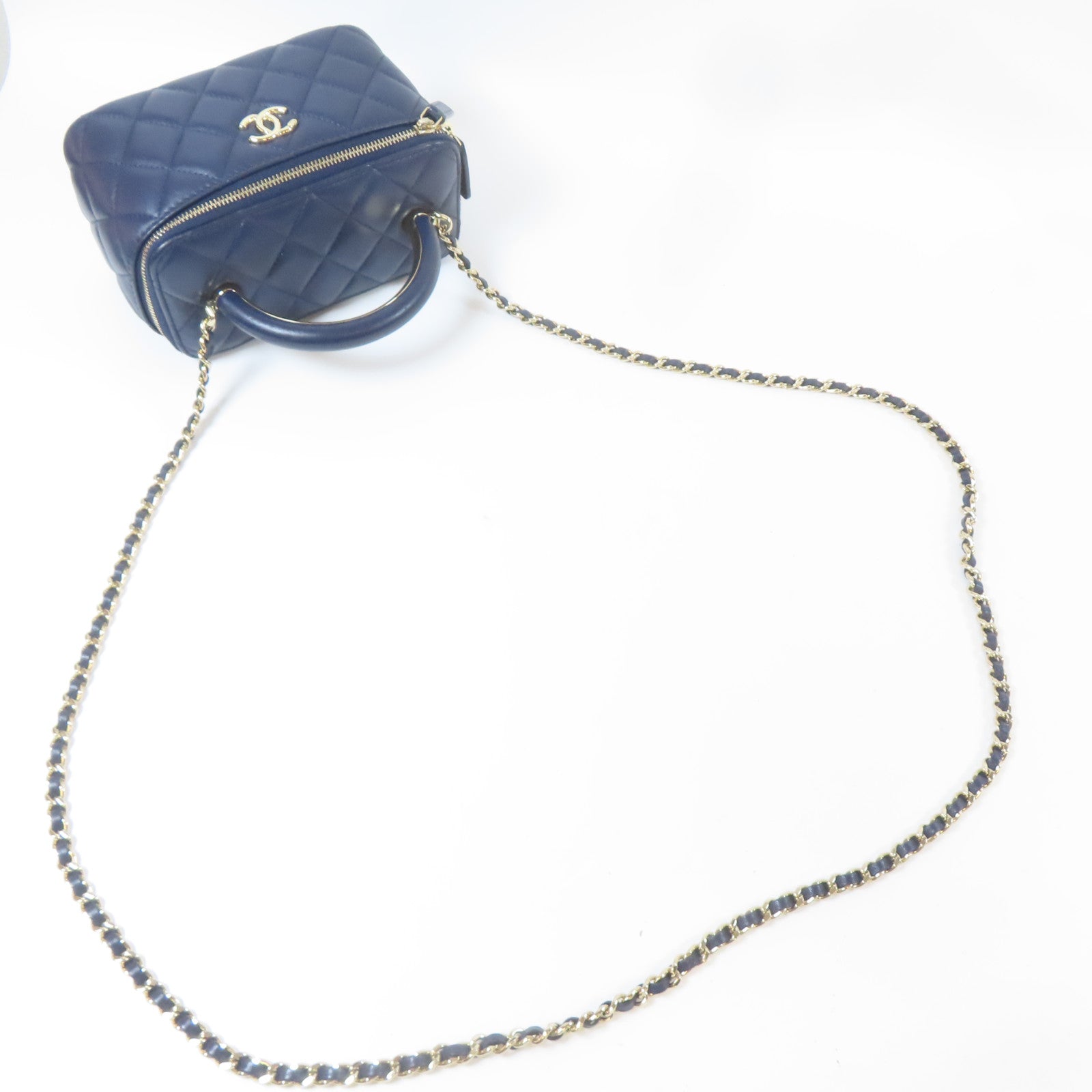CHANEL 菱格羊皮皮革Vanity Box金扣鏈帶手挽肩背兩用袋藍色