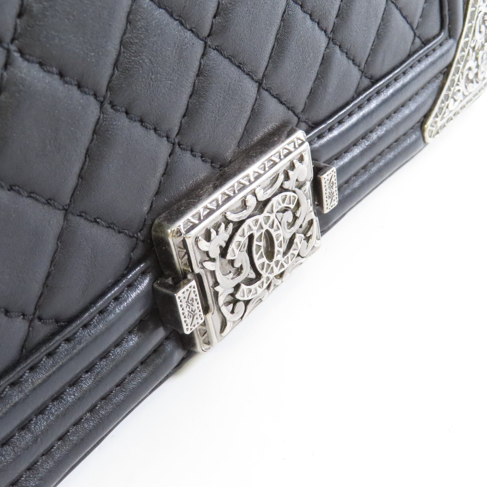 CHANEL 【激減優惠】菱格牛皮皮革Le Boy 25 Chain Shoulder Bag銀扣鏈帶肩背袋黑色