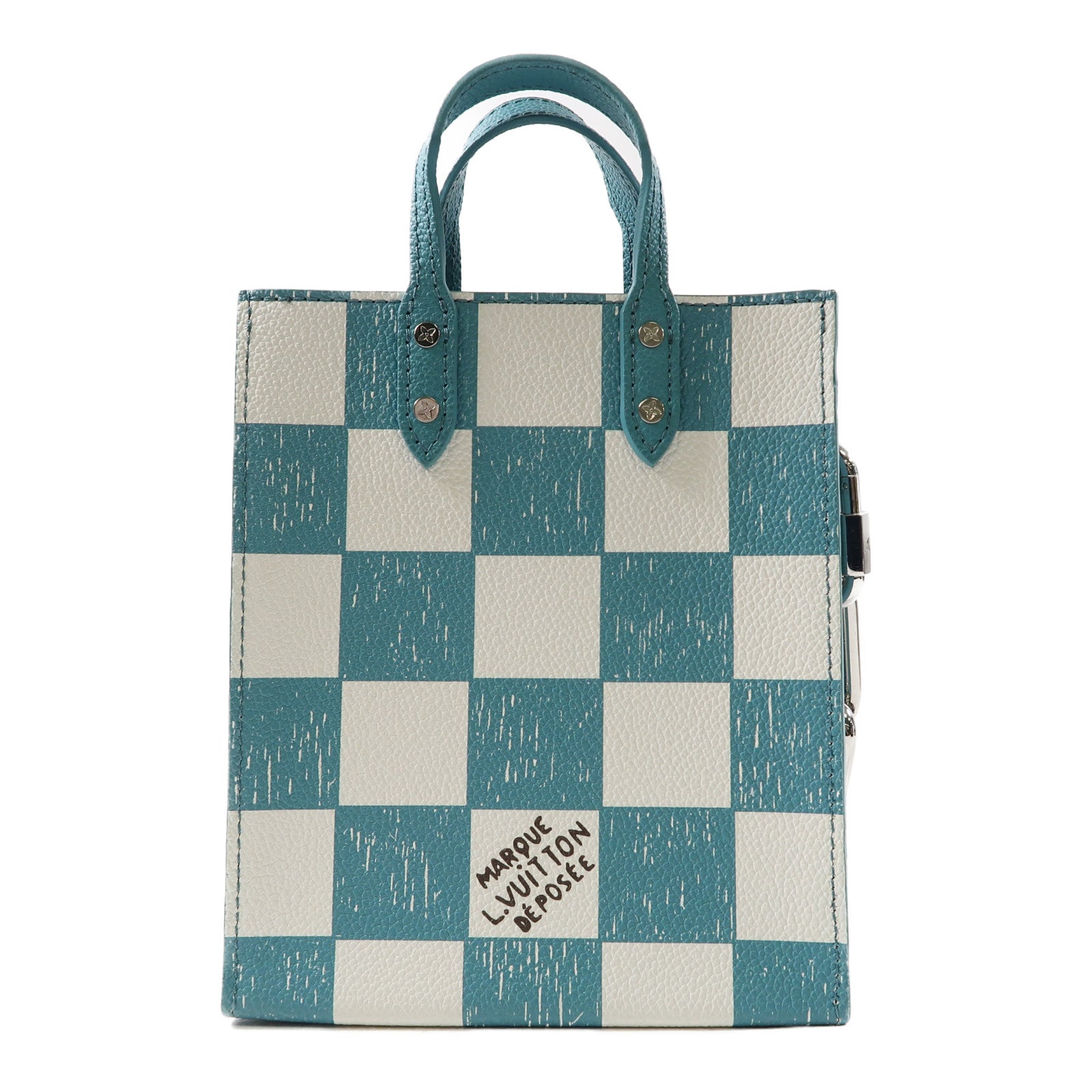 LOUIS VUITTON Damier Checkerboard Sac Plat XS銀扣手挽肩背兩用袋綠色/白色