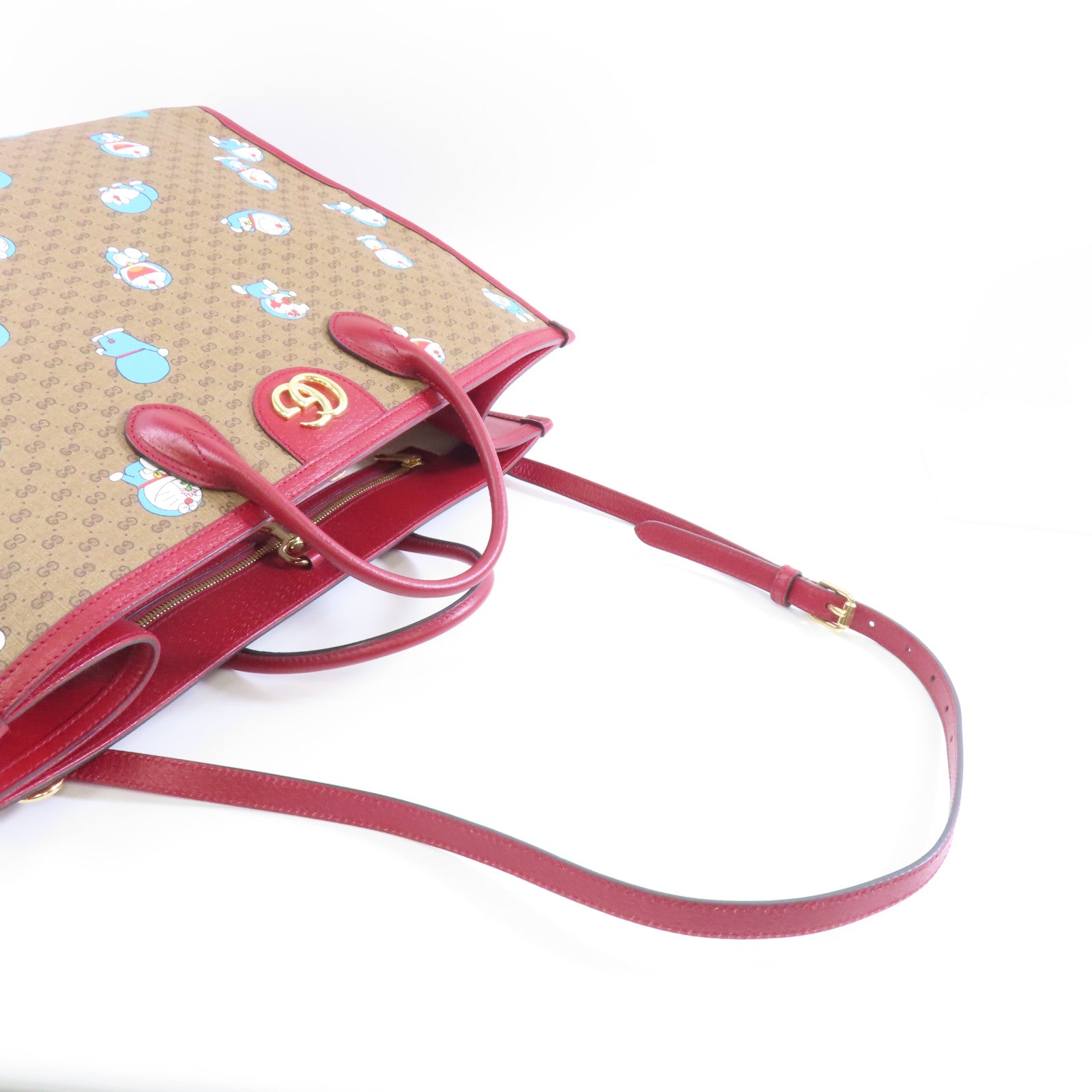 GUCCI 【激減優惠】塗層帆布Gucci X Doramon Tote Bag金扣手挽肩背兩用袋米色/紅色
