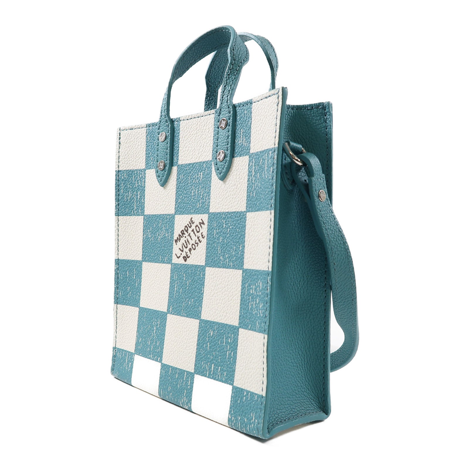 LOUIS VUITTON Damier Checkerboard Sac Plat XS銀扣手挽肩背兩用袋綠色/白色