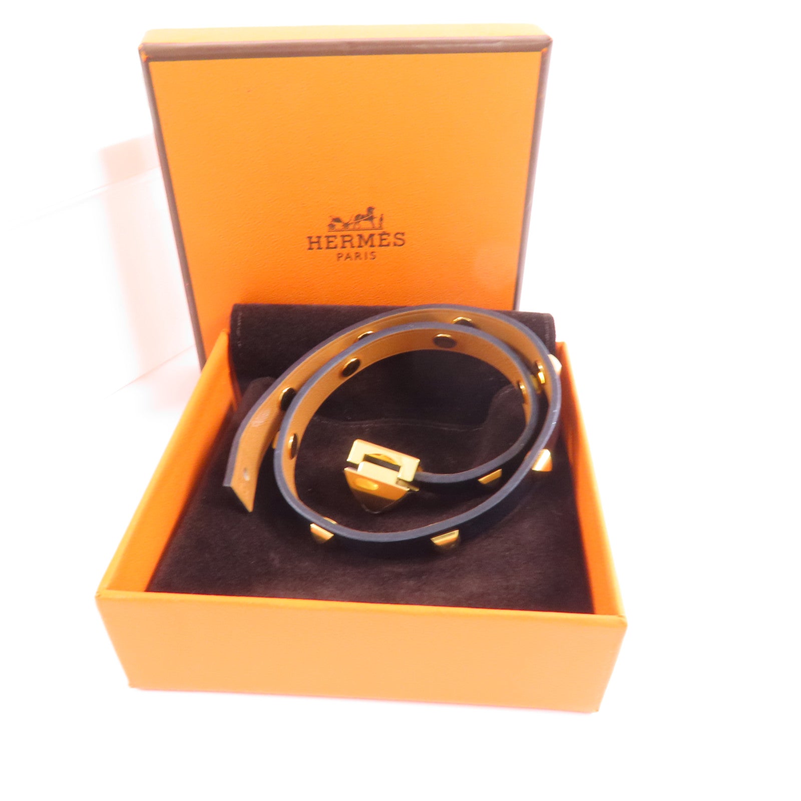 HERMES 金屬/Swift皮革Medor Infini Cloute Double Tour Bracelet金扣手鐲Black