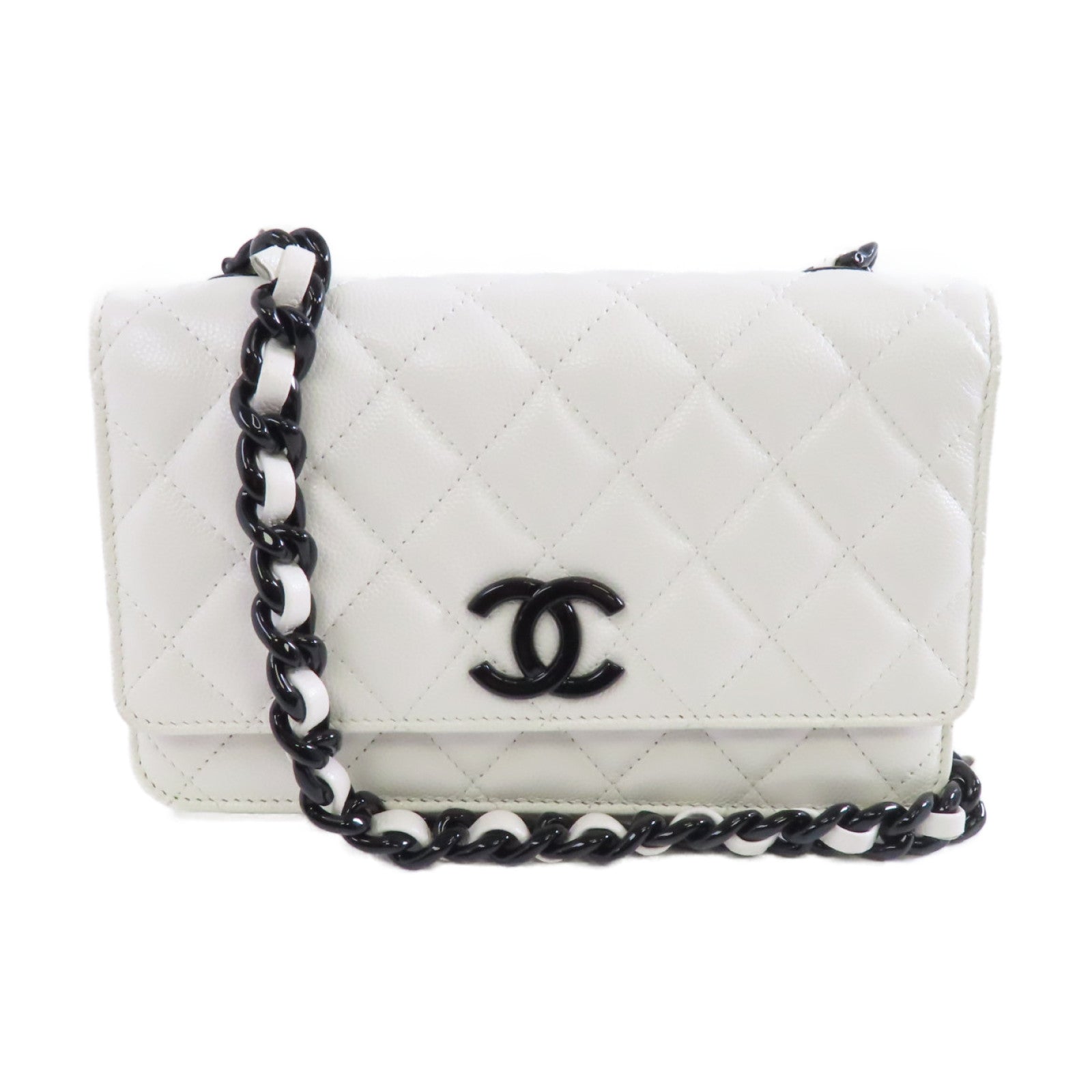 CHANEL 菱格Caviar皮革Wallet On Chain銀扣鏈帶肩背袋白色