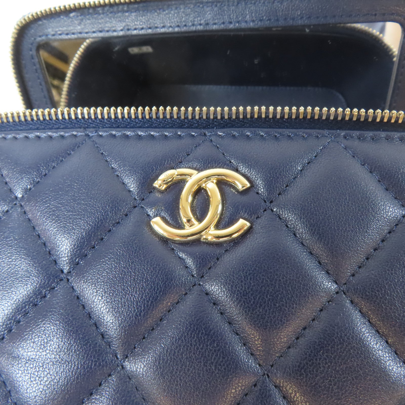 CHANEL 菱格羊皮皮革Vanity Box金扣鏈帶手挽肩背兩用袋藍色