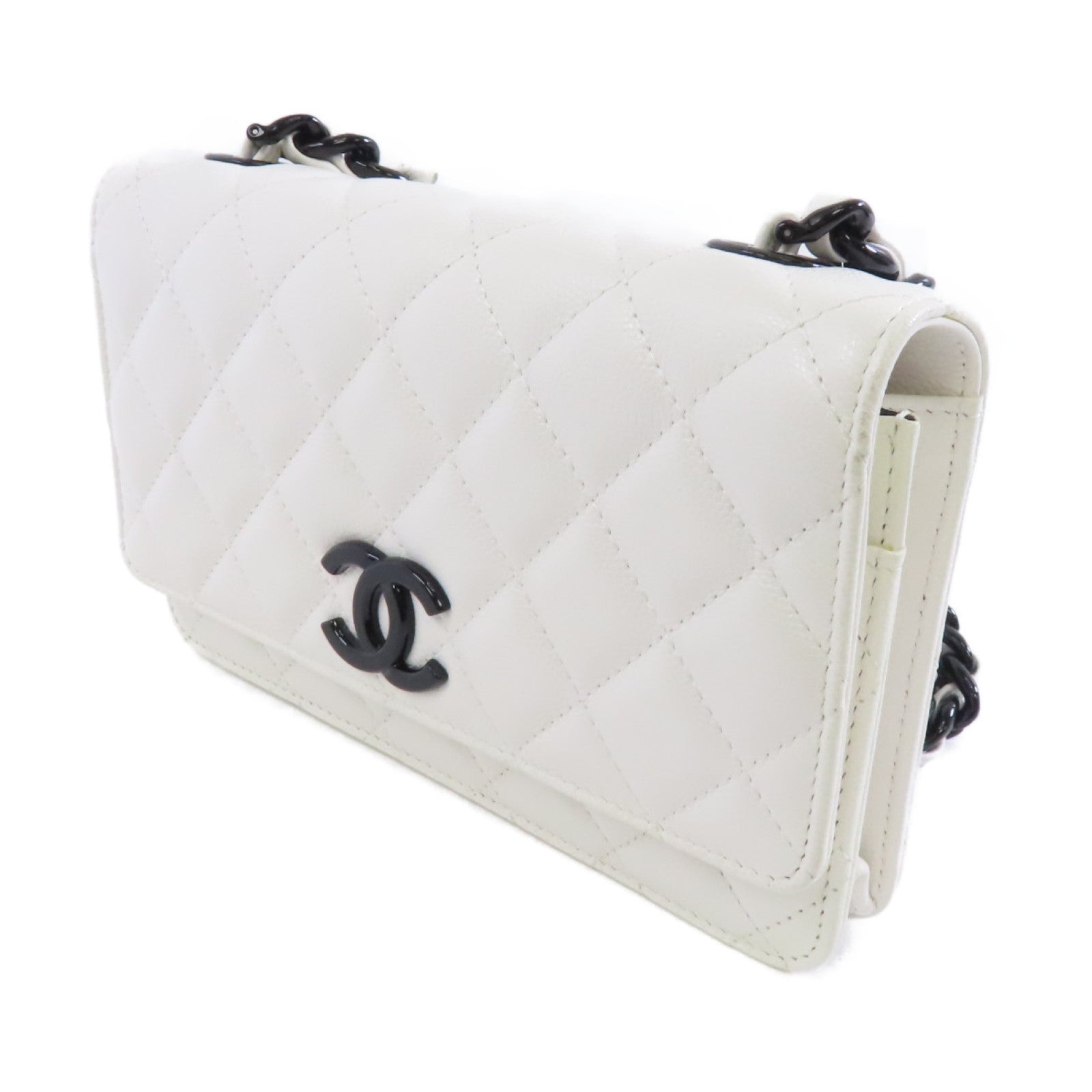 CHANEL 菱格Caviar皮革Wallet On Chain銀扣鏈帶肩背袋白色