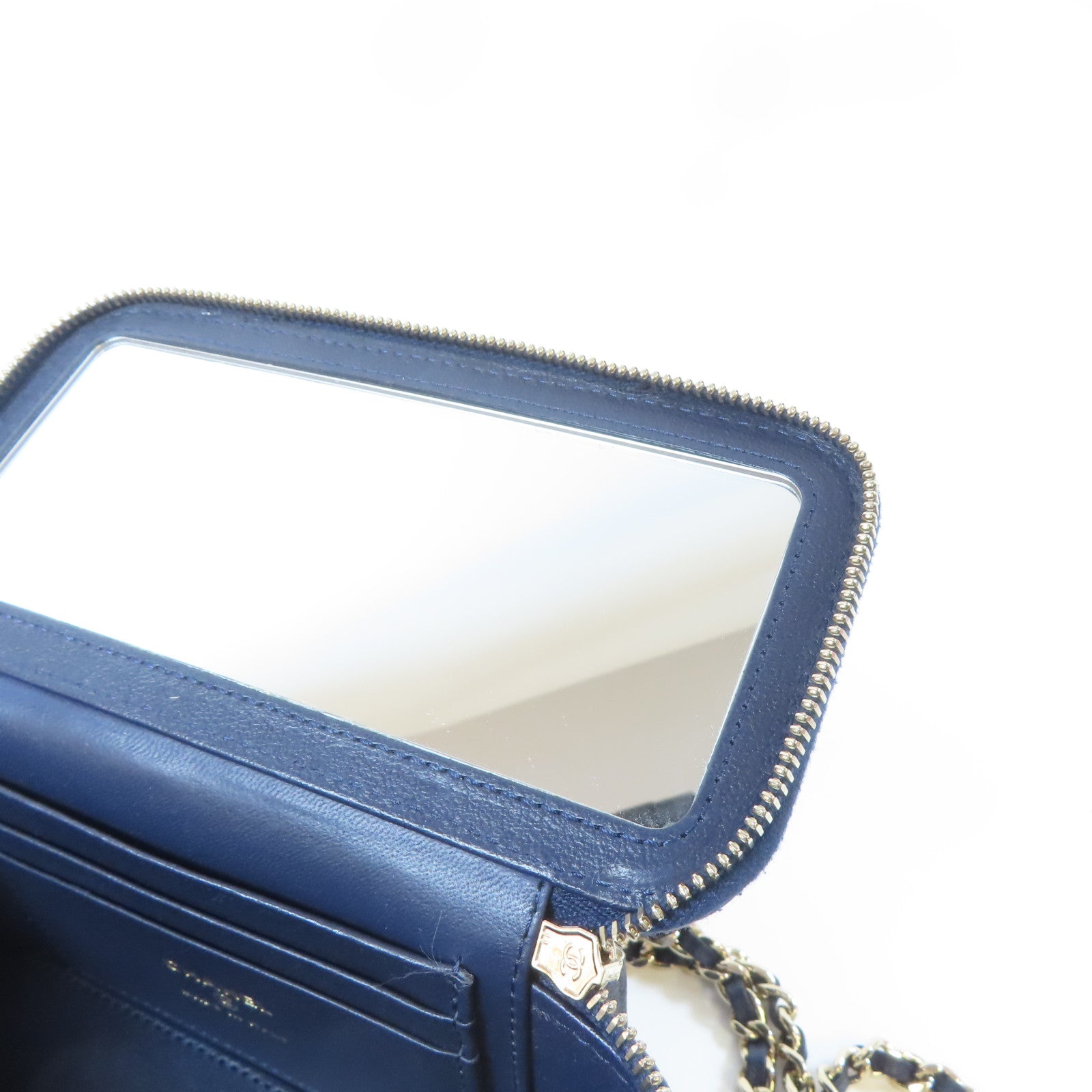 CHANEL 菱格羊皮皮革Vanity Box金扣鏈帶手挽肩背兩用袋藍色