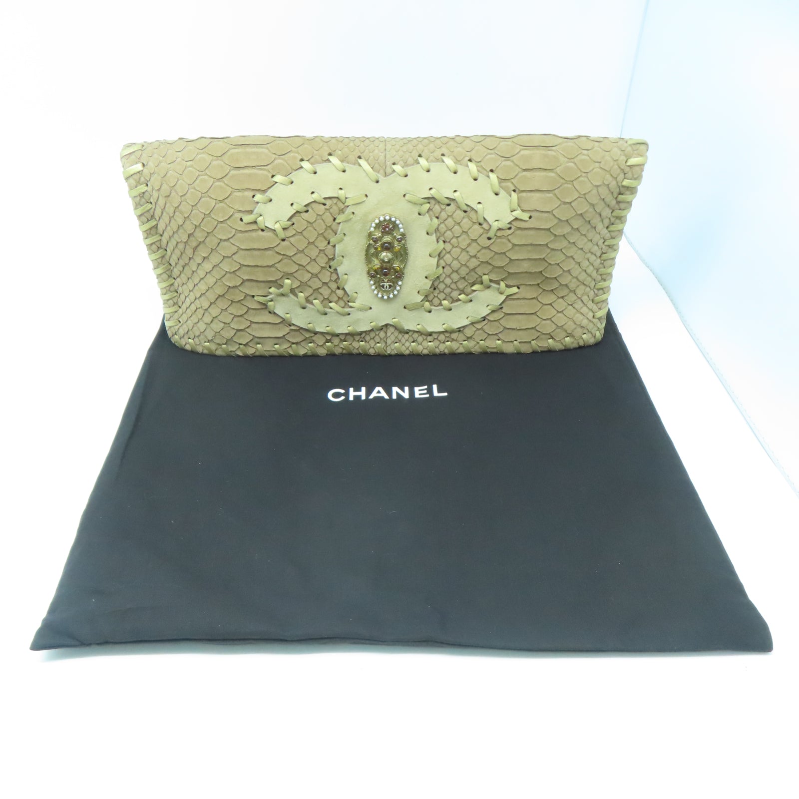 CHANEL 【激減優惠】蛇皮皮革Clutch金扣手拿包棕色