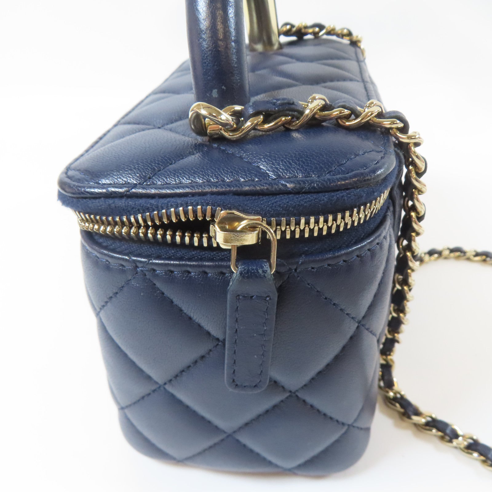 CHANEL 菱格羊皮皮革Vanity Box金扣鏈帶手挽肩背兩用袋藍色