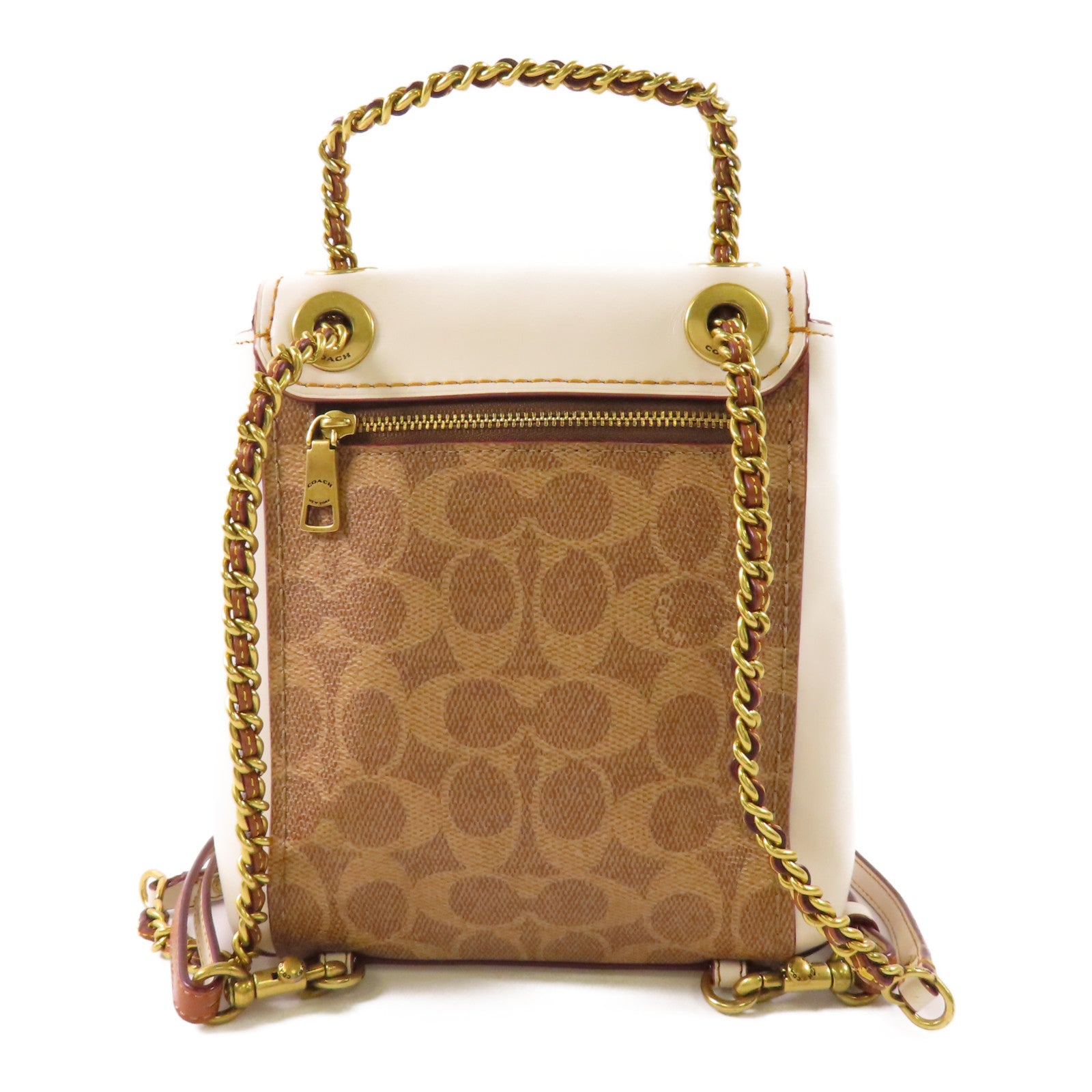 COACH 塗層帆布/牛皮皮革Backpack金扣鏈帶背包