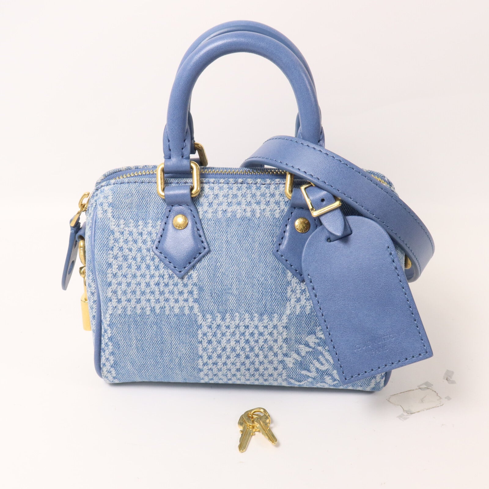 LOUIS VUITTON Damier Denim/牛皮皮革Speedy Bandouliere 18手挽肩背兩用袋