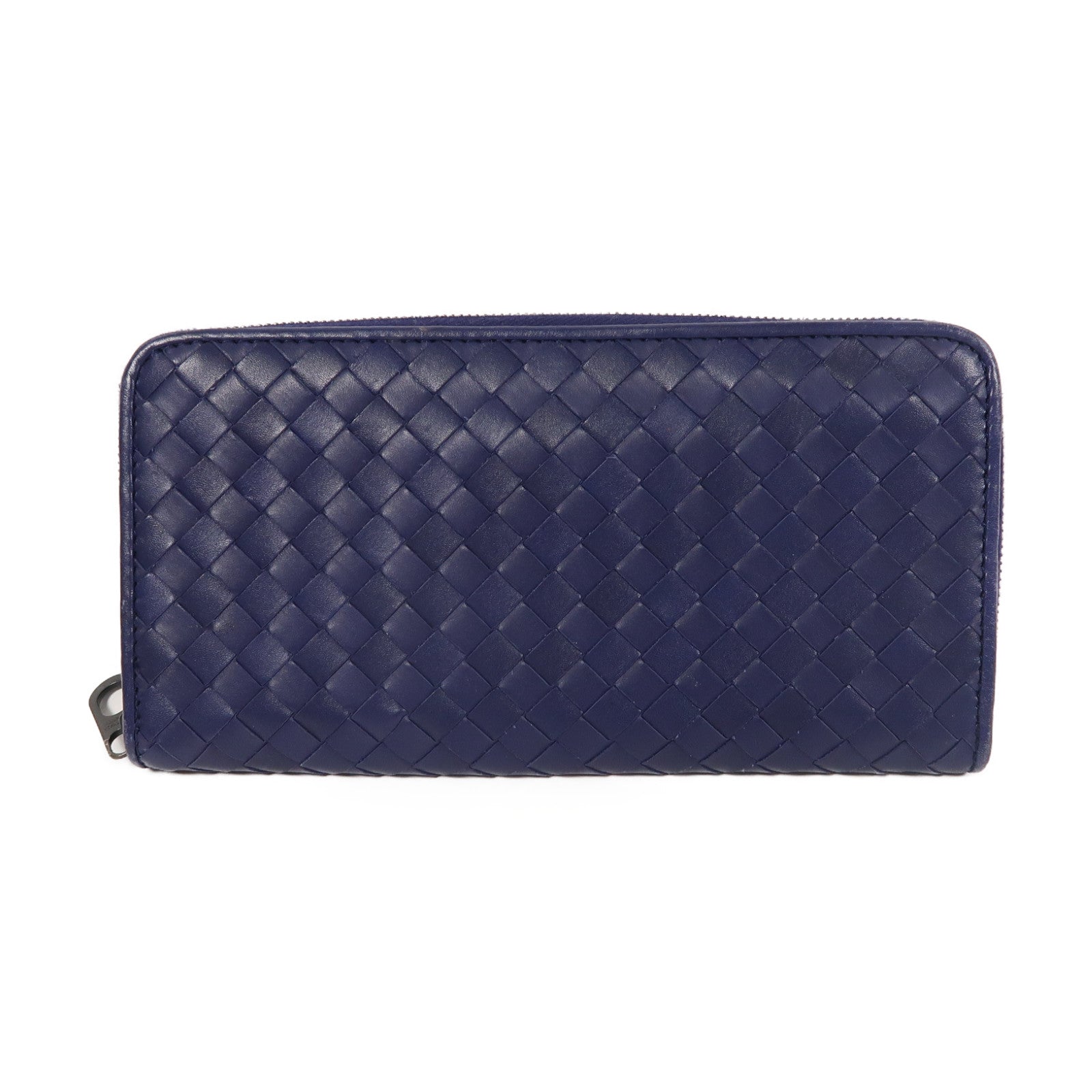 BOTTEGA VENETA 織紋羊皮皮革Zipper Long Wallet銀扣長錢包深藍色