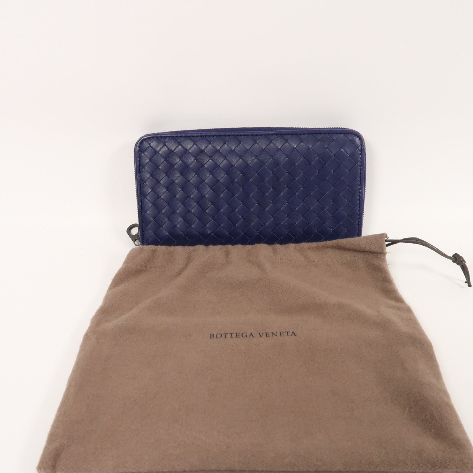 BOTTEGA VENETA 織紋羊皮皮革Zipper Long Wallet銀扣長錢包深藍色