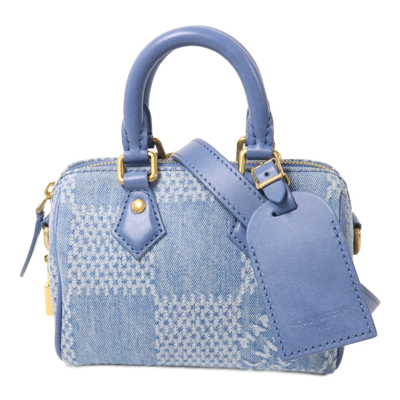 LOUIS VUITTON Damier Denim/牛皮皮革Speedy Bandouliere 18手挽肩背兩用袋