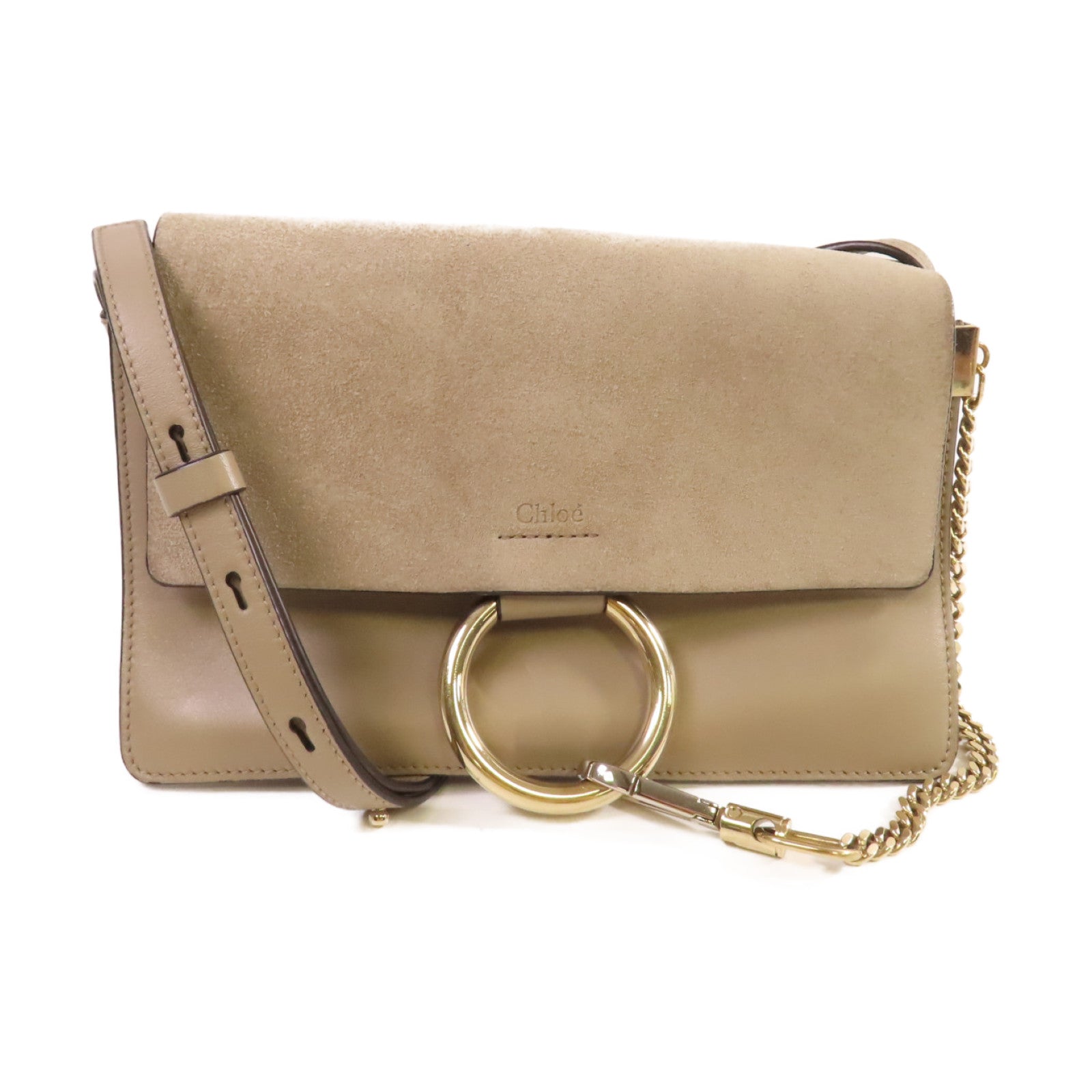 Chloe 牛皮皮革/麂皮皮革Faye Small Bag Shoulder Bag金扣鏈帶肩背袋灰色