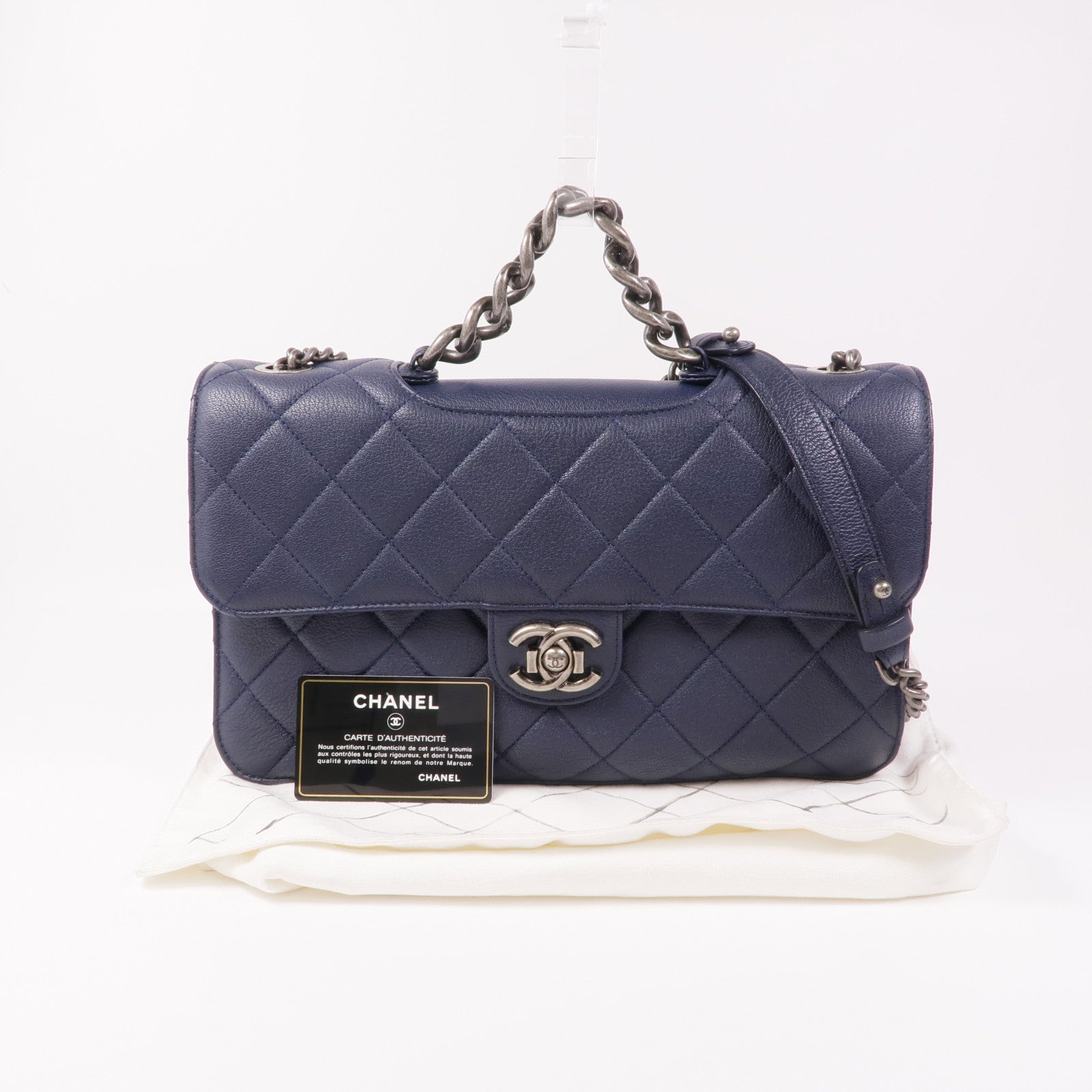 CHANEL 牛皮皮革Chain Shoulder銀扣手挽肩背兩用袋