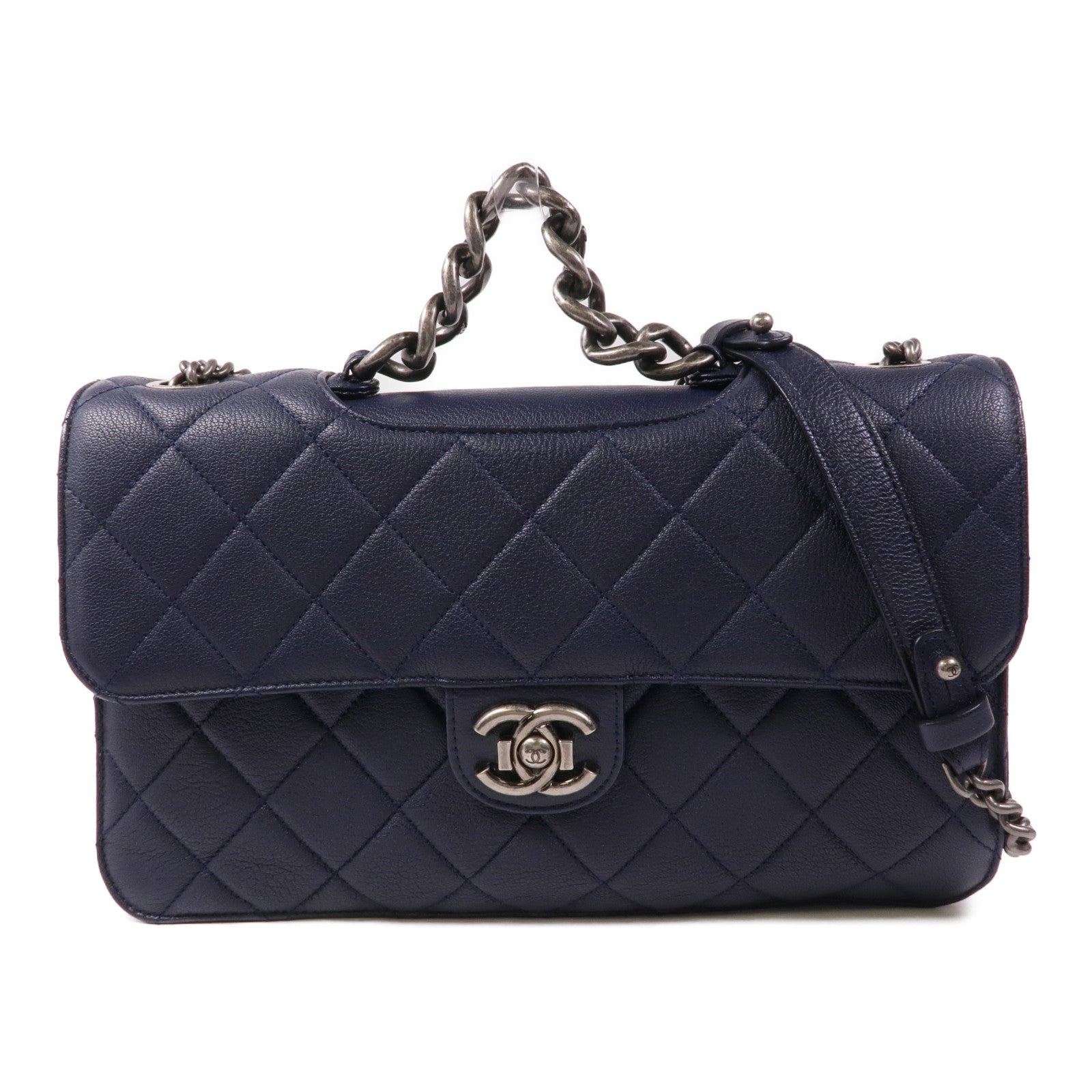 CHANEL 牛皮皮革Chain Shoulder銀扣手挽肩背兩用袋