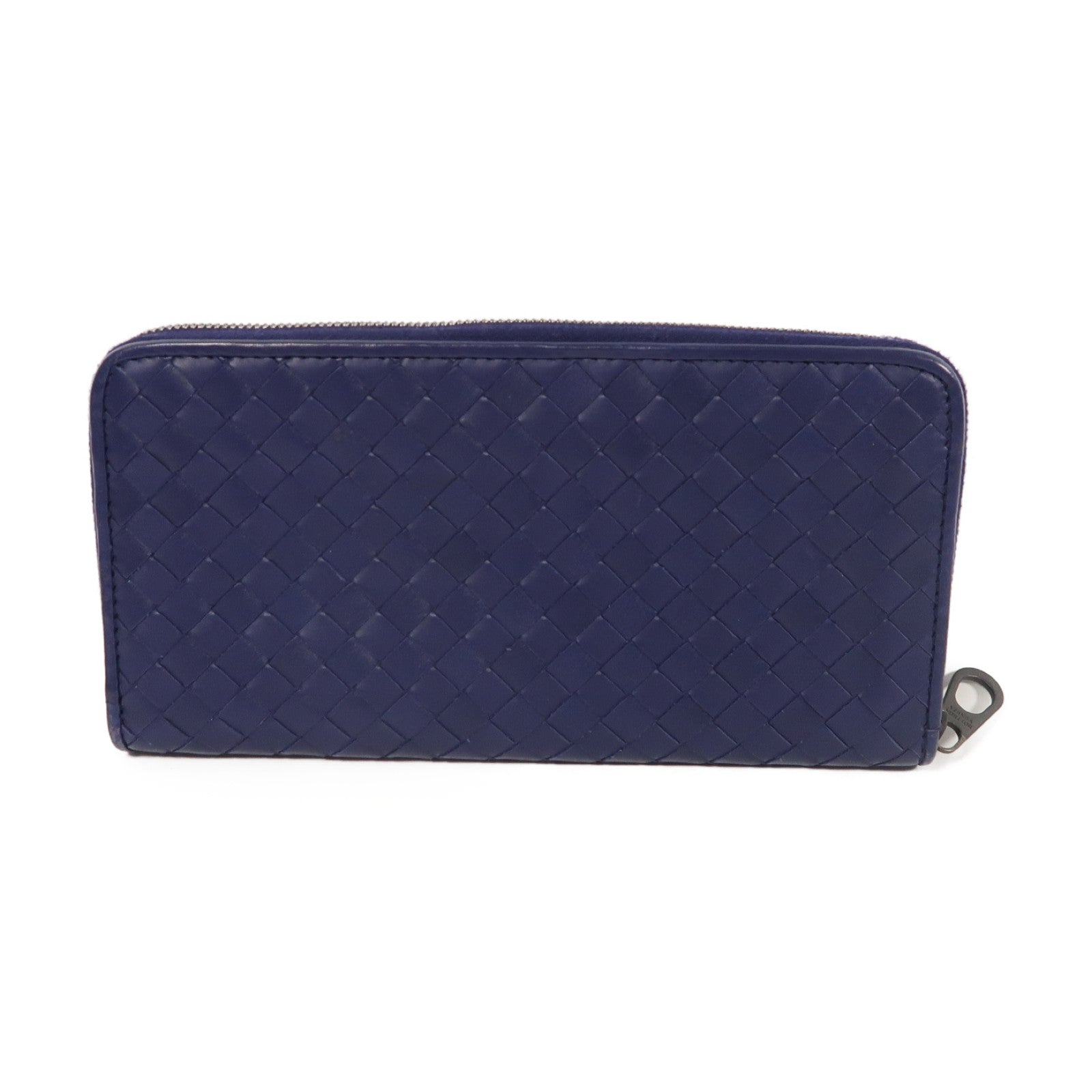 BOTTEGA VENETA 織紋羊皮皮革Zipper Long Wallet銀扣長錢包深藍色