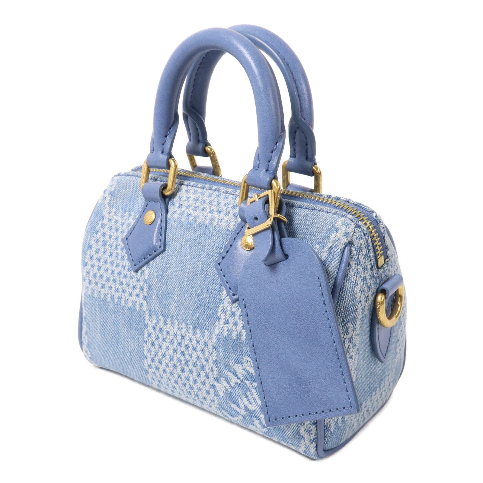 LOUIS VUITTON Damier Denim/牛皮皮革Speedy Bandouliere 18手挽肩背兩用袋