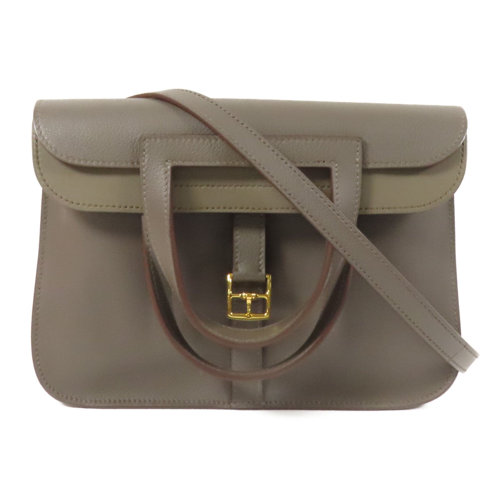 HERMES Evercolor皮革Halzan 25金扣手挽肩背兩用袋Etain