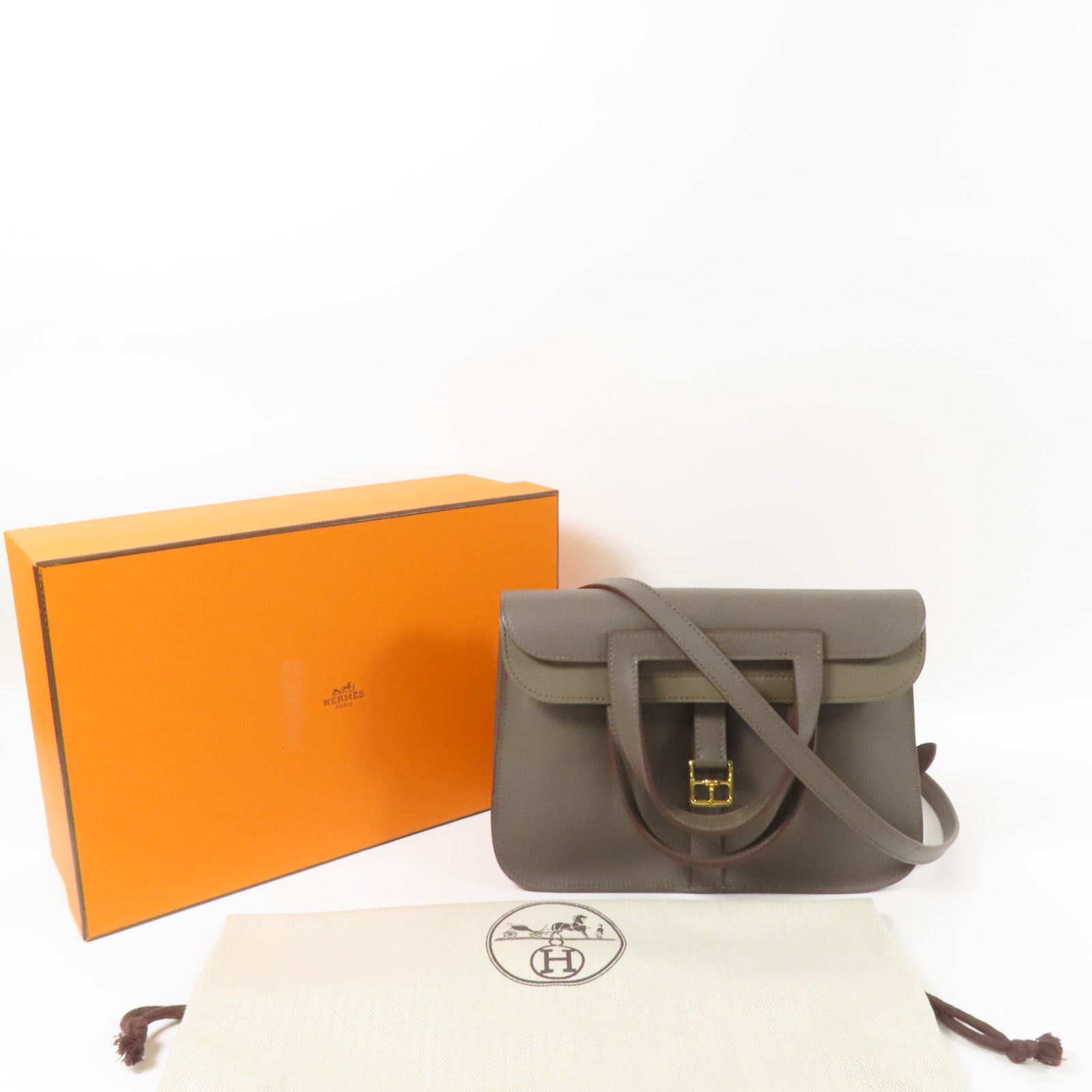 HERMES Evercolor皮革Halzan 25金扣手挽肩背兩用袋Etain