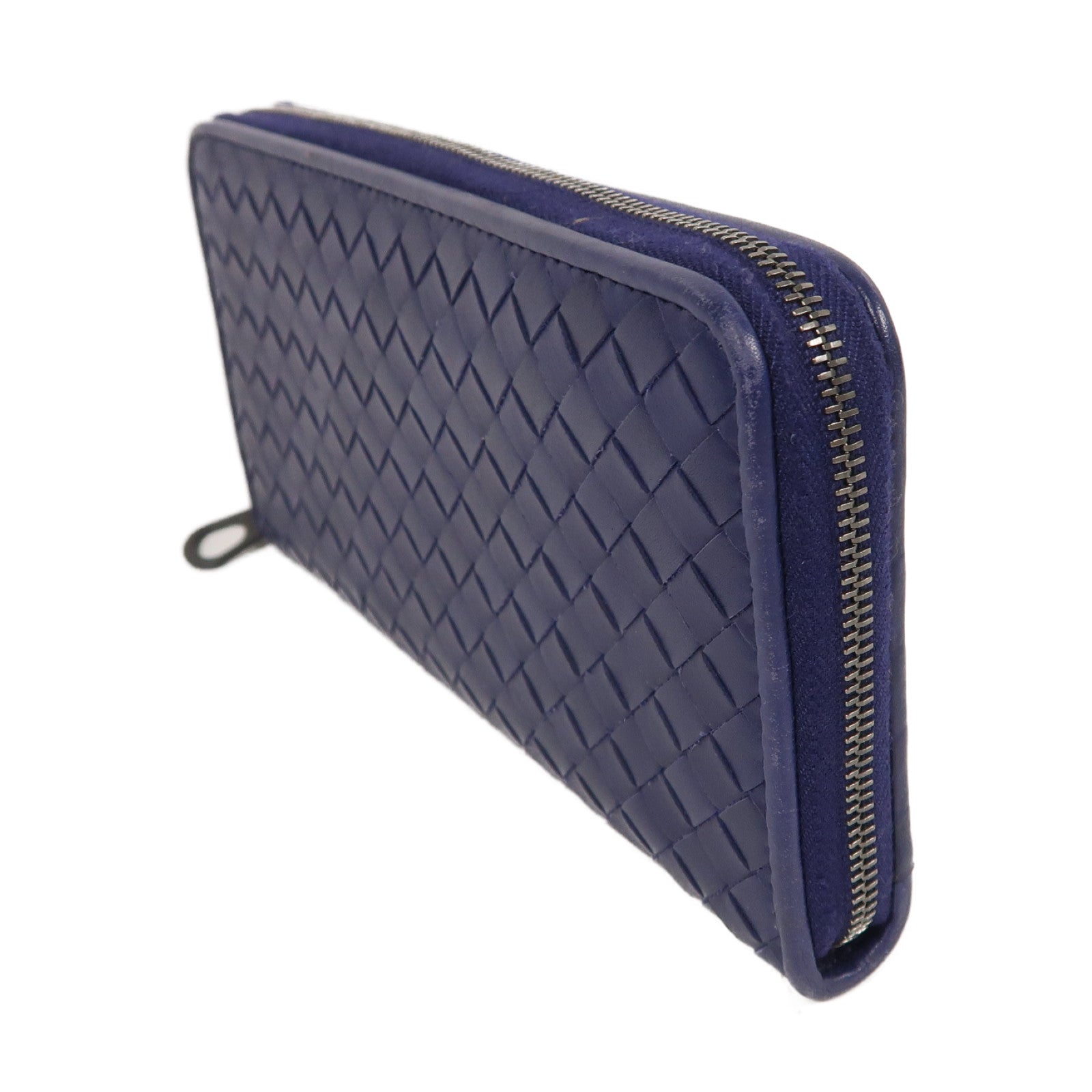 BOTTEGA VENETA 織紋羊皮皮革Zipper Long Wallet銀扣長錢包深藍色