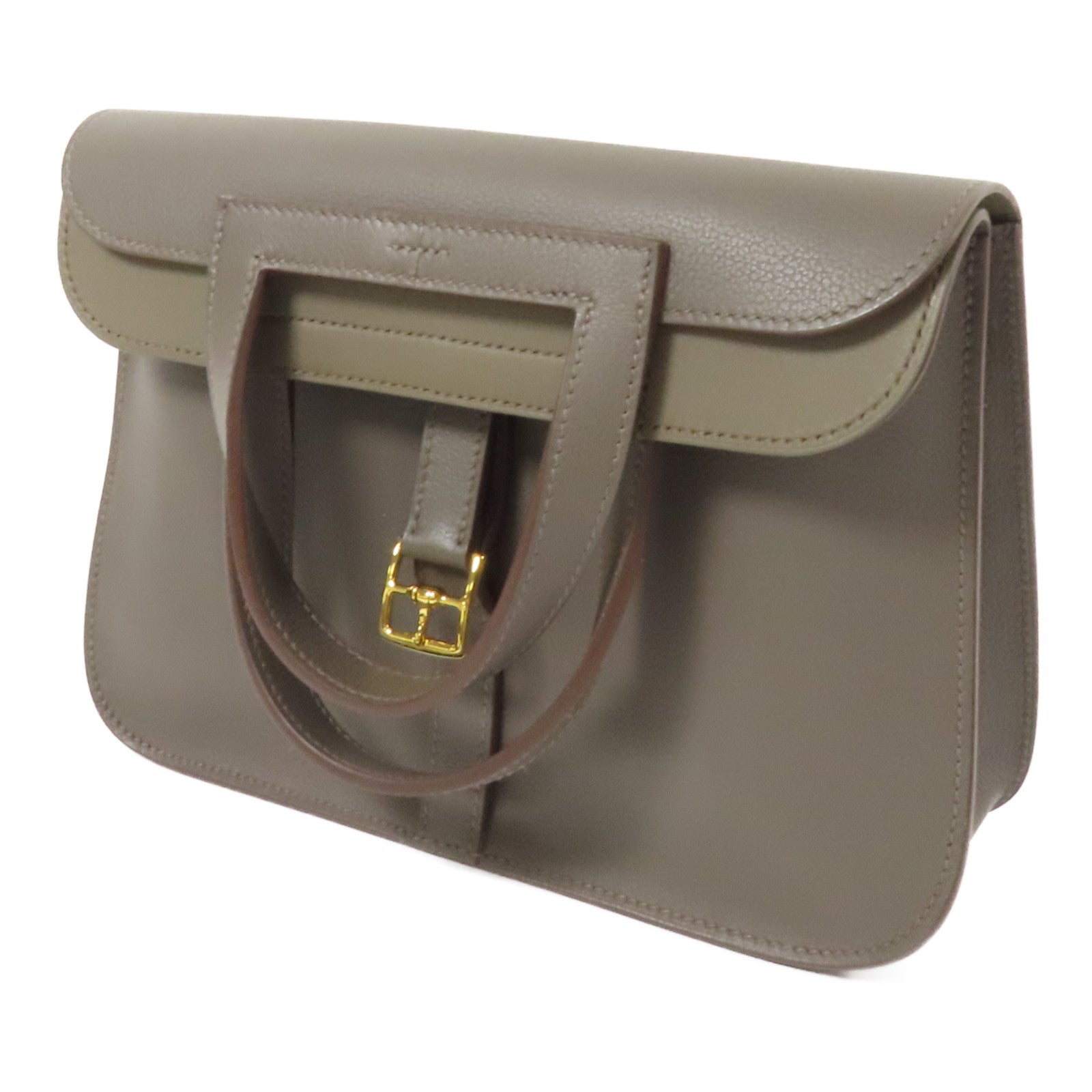 HERMES Evercolor皮革Halzan 25金扣手挽肩背兩用袋Etain