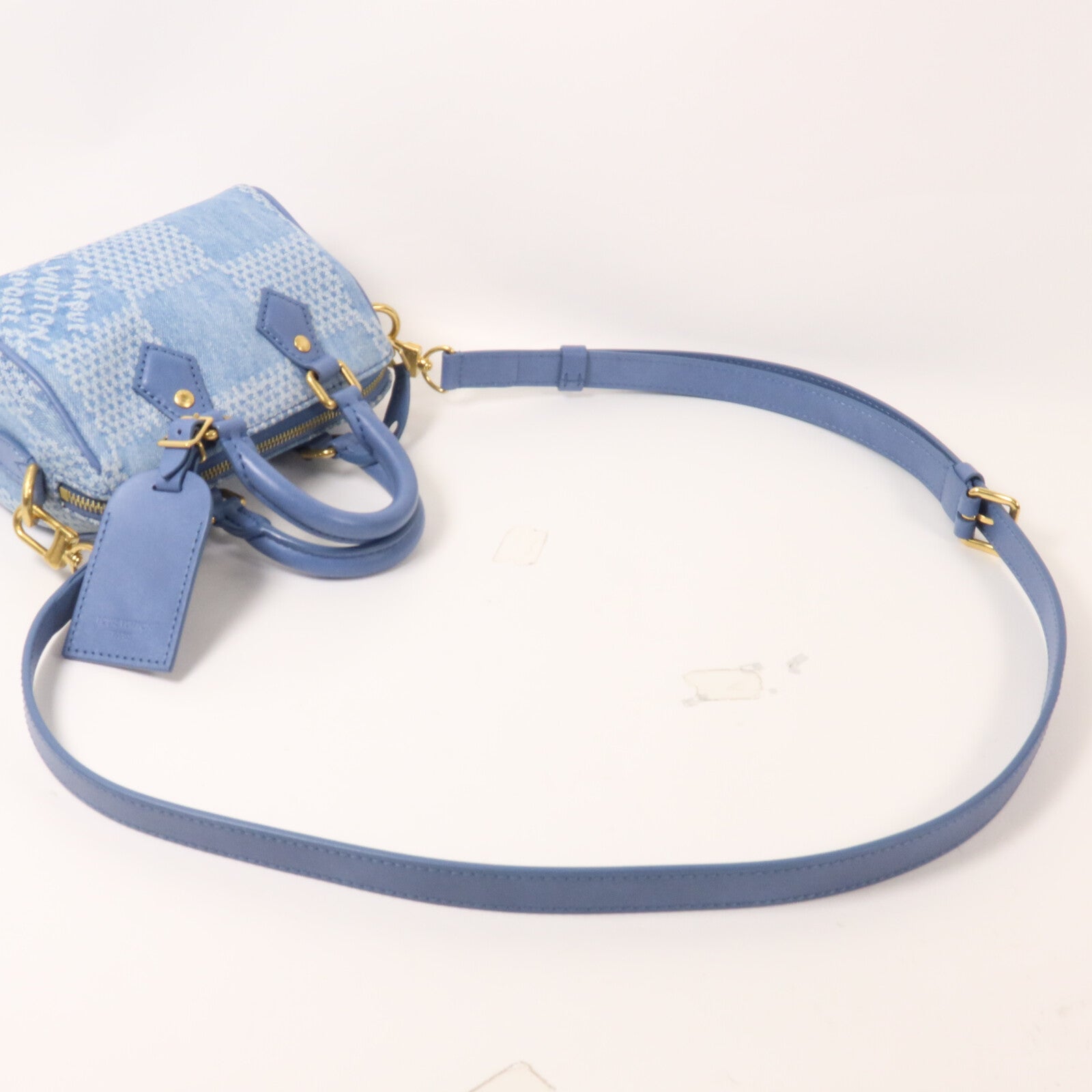 LOUIS VUITTON Damier Denim/牛皮皮革Speedy Bandouliere 18手挽肩背兩用袋