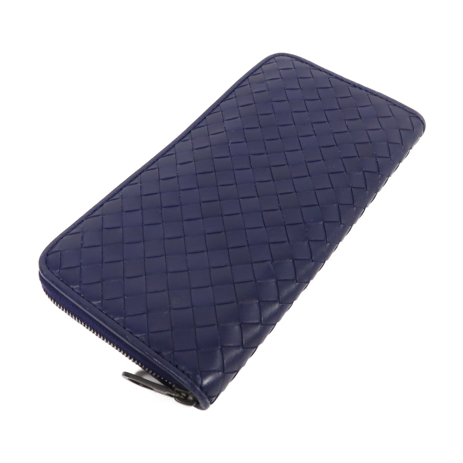 BOTTEGA VENETA 織紋羊皮皮革Zipper Long Wallet銀扣長錢包深藍色