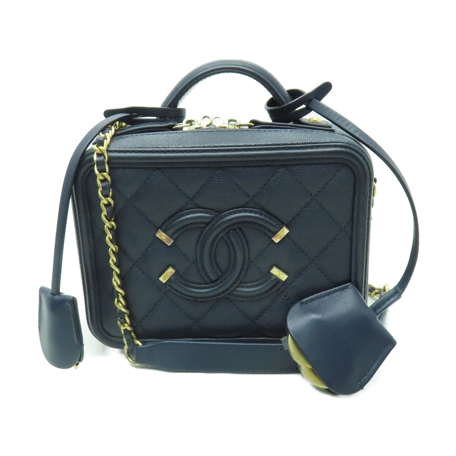 CHANEL **【激減優惠】菱格牛皮皮革Vanity Case金扣手挽肩背兩用袋藍色