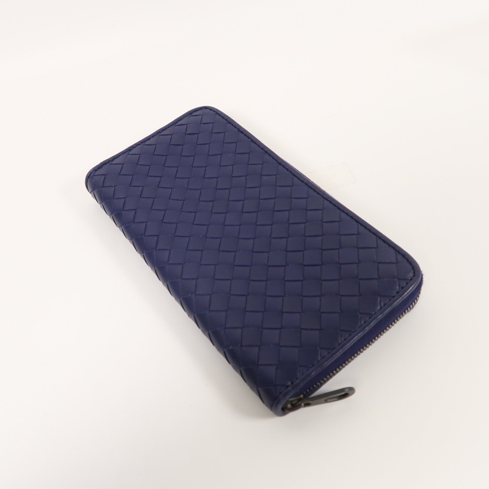BOTTEGA VENETA 織紋羊皮皮革Zipper Long Wallet銀扣長錢包深藍色
