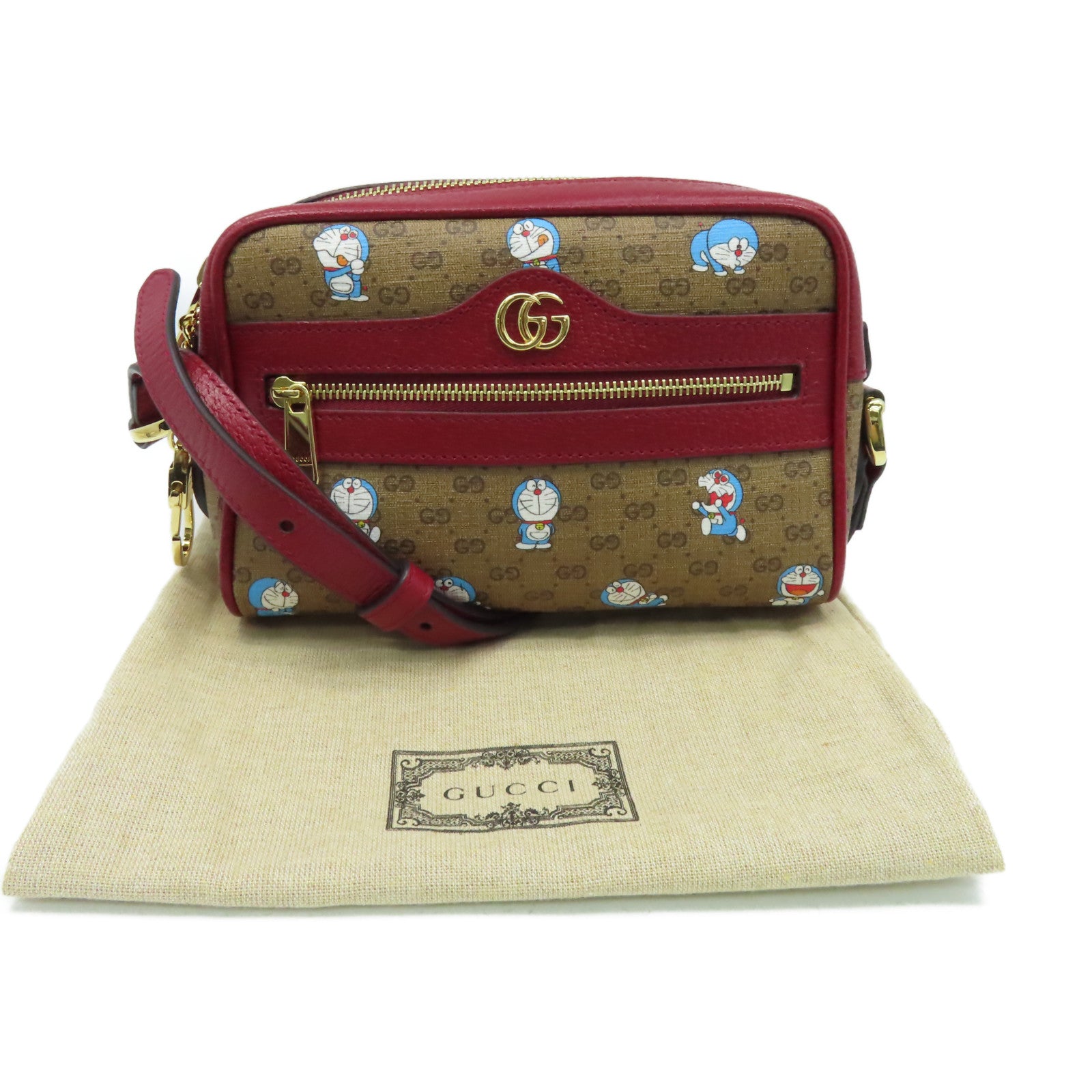 GUCCI 【激減優惠】塗層帆布Doraemon Mini Shoulder Bag金扣肩背袋啡色/酒紅色