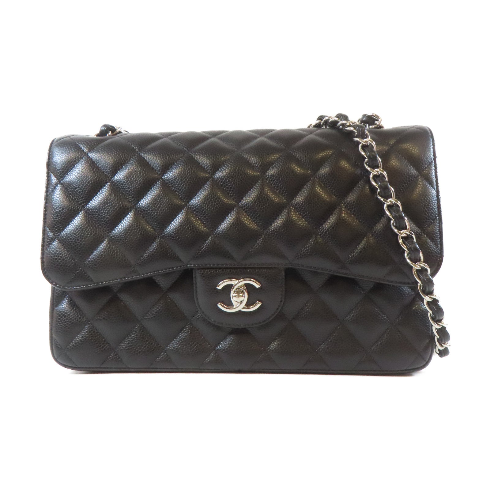 CHANEL 菱格Caviar皮革Classic銀扣鏈帶肩背袋黑色