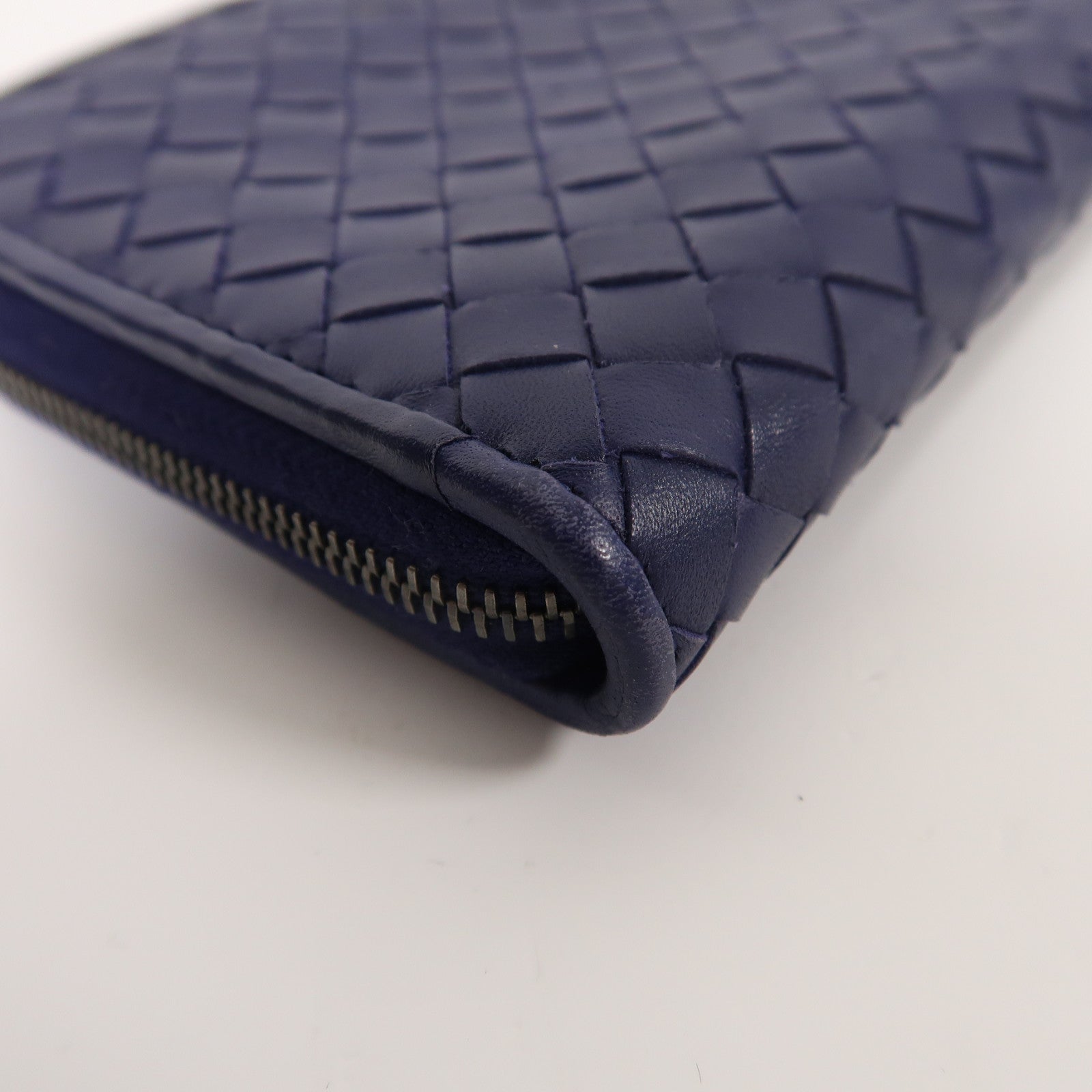 BOTTEGA VENETA 織紋羊皮皮革Zipper Long Wallet銀扣長錢包深藍色