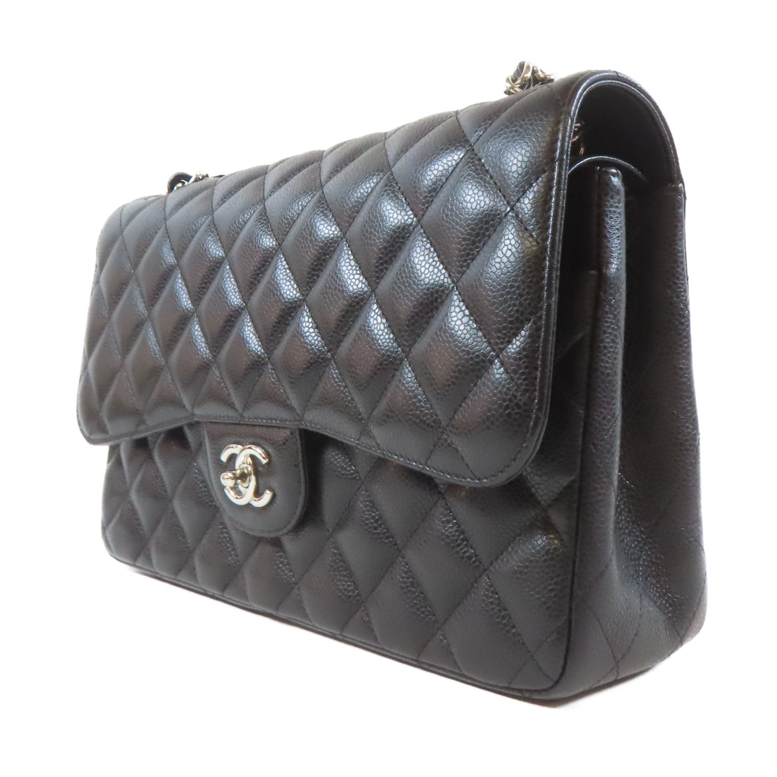 CHANEL 菱格Caviar皮革Classic銀扣鏈帶肩背袋黑色