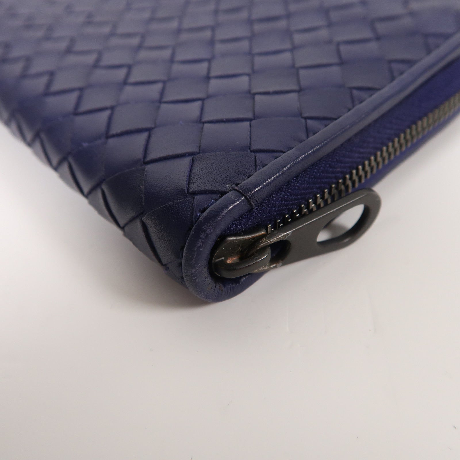 BOTTEGA VENETA 織紋羊皮皮革Zipper Long Wallet銀扣長錢包深藍色