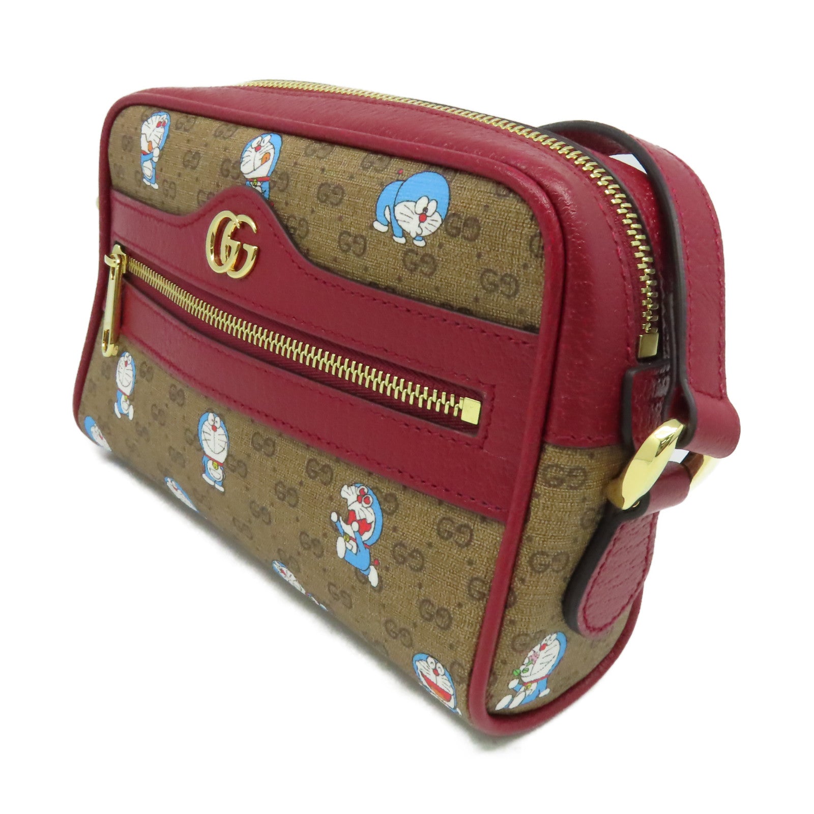 GUCCI 【激減優惠】塗層帆布Doraemon Mini Shoulder Bag金扣肩背袋啡色/酒紅色