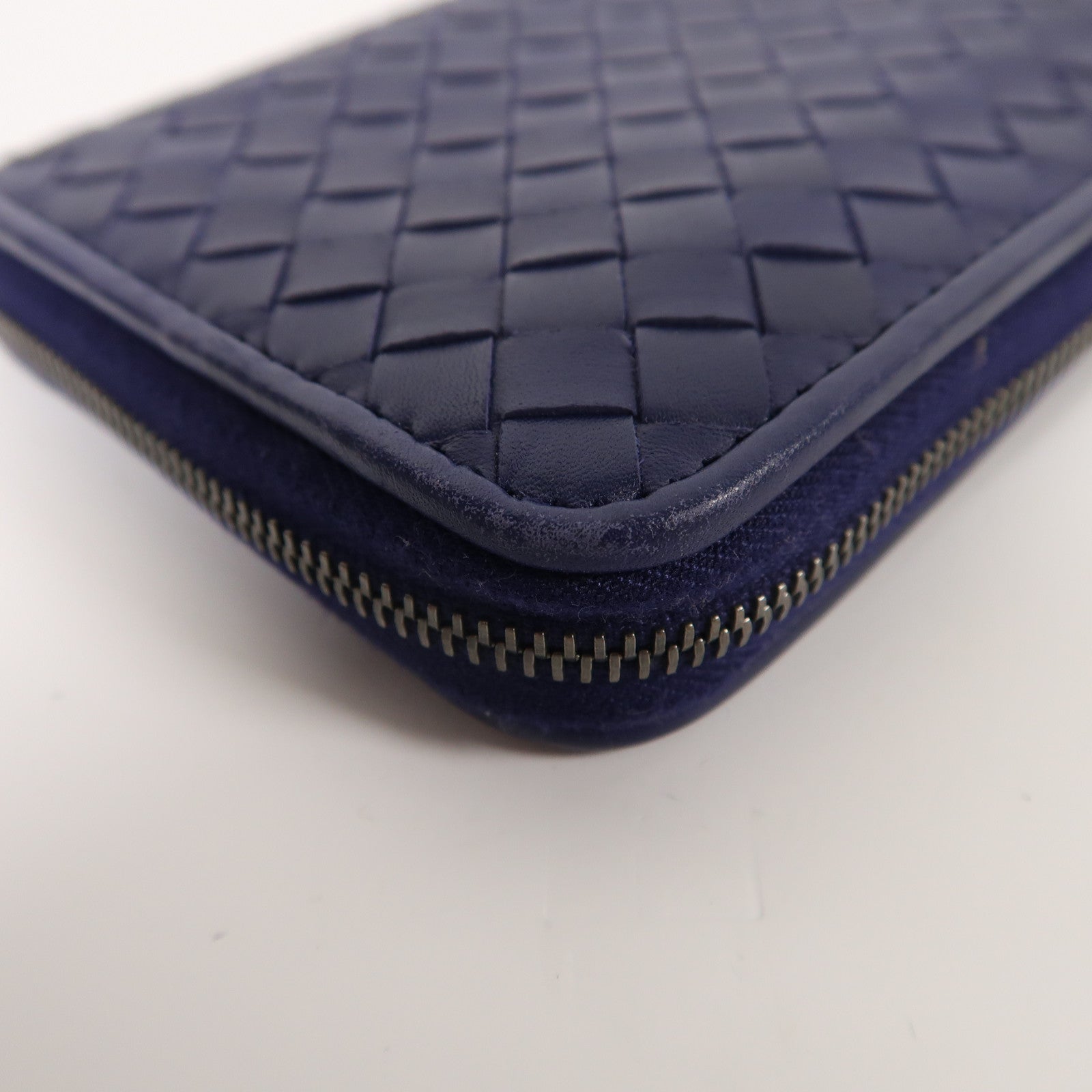 BOTTEGA VENETA 織紋羊皮皮革Zipper Long Wallet銀扣長錢包深藍色