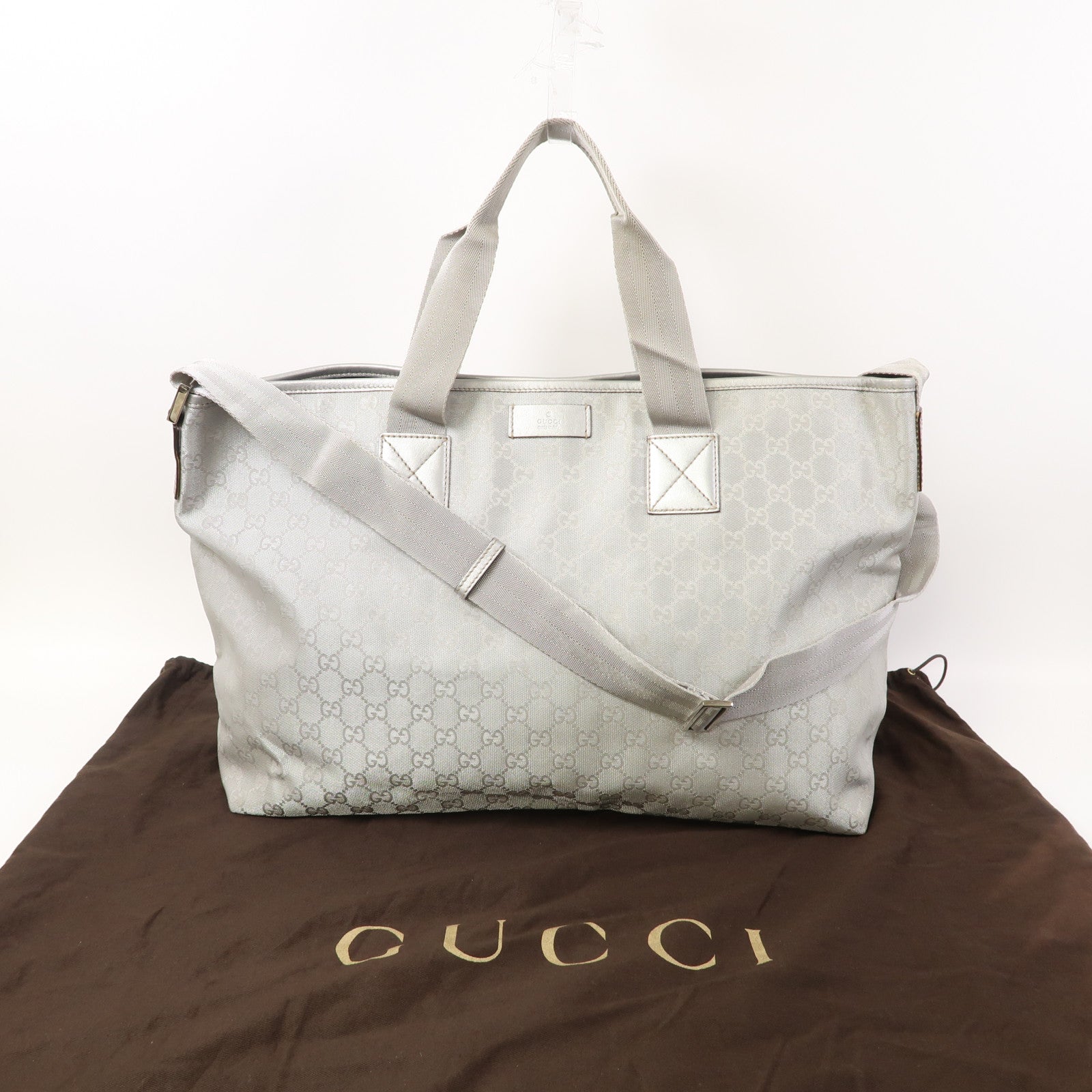 GUCCI 【清倉大減價】GG帆布2 Way Tote Bag銀扣手挽肩背兩用袋銀色