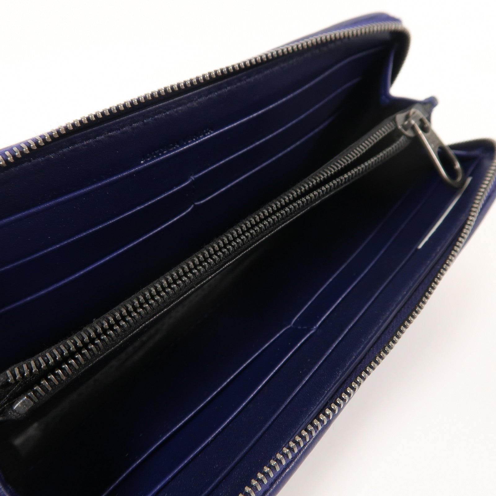 BOTTEGA VENETA 織紋羊皮皮革Zipper Long Wallet銀扣長錢包深藍色