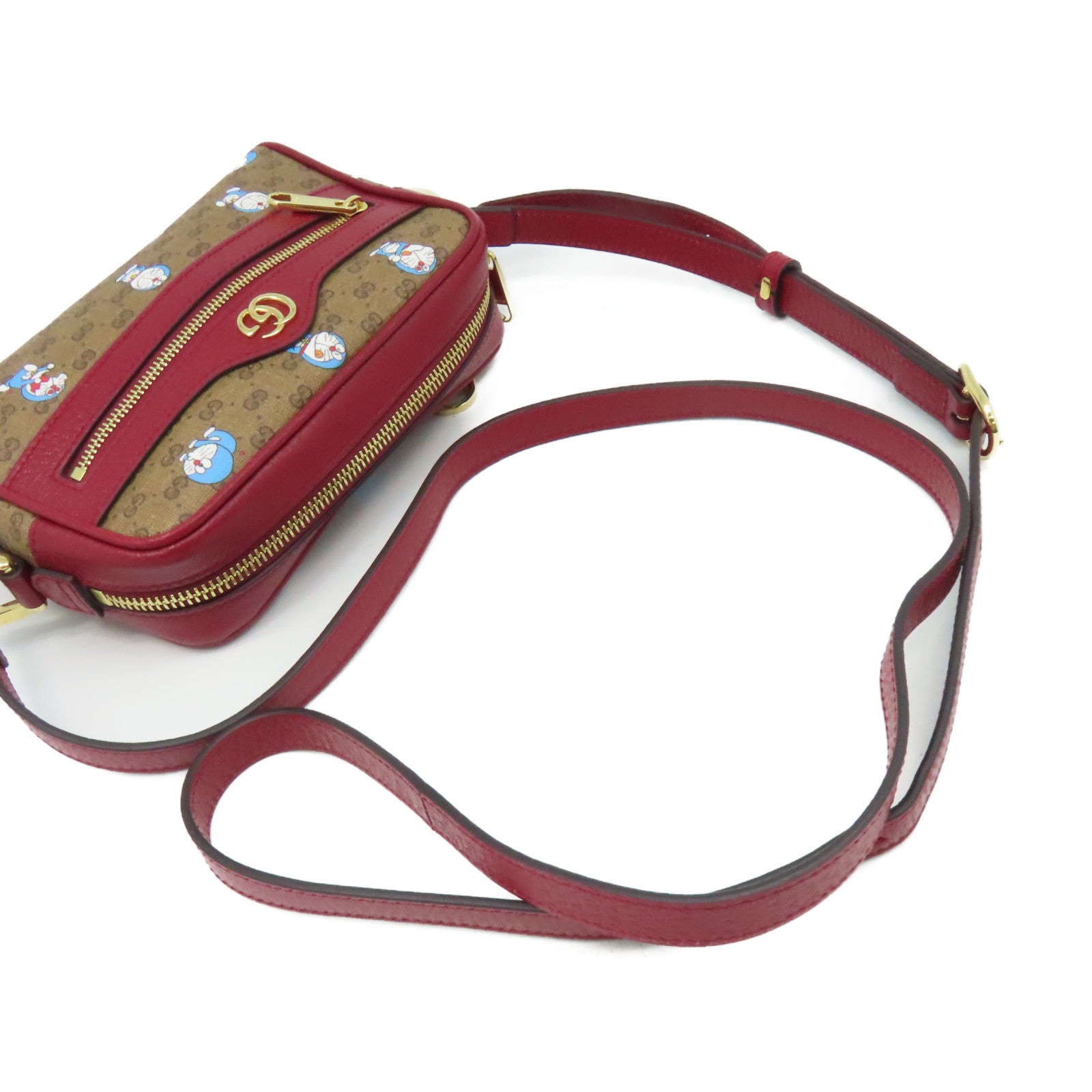 GUCCI 【激減優惠】塗層帆布Doraemon Mini Shoulder Bag金扣肩背袋啡色/酒紅色