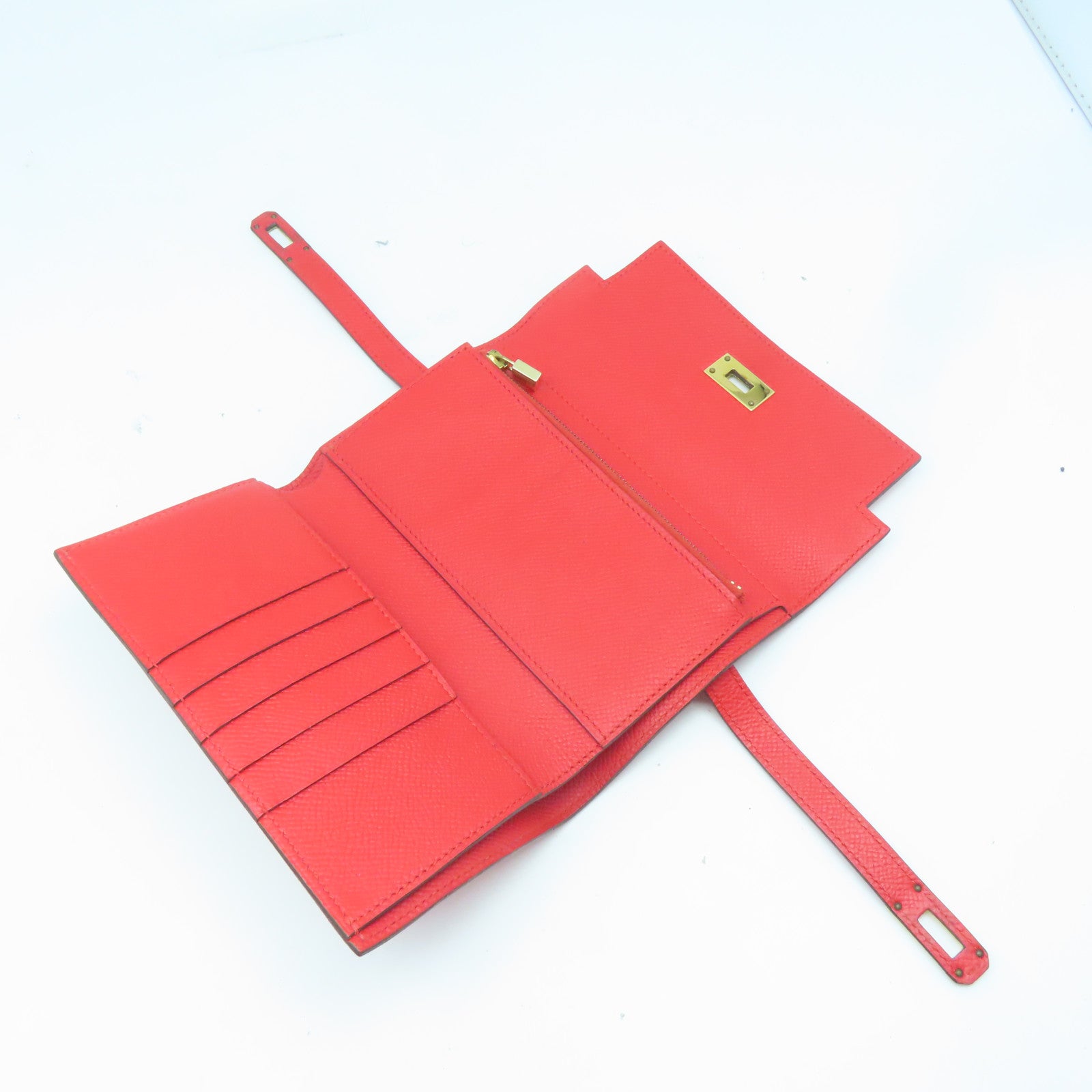 HERMES **【清倉大減價】Veau Epsom皮革Kelly Wallet金扣錢包紅色