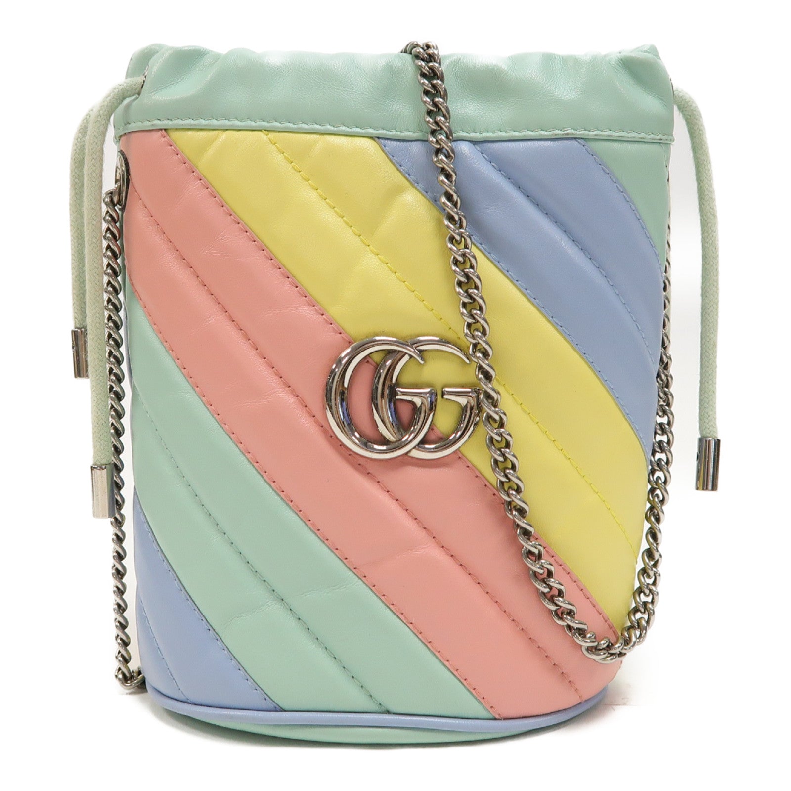 GUCCI 【激減優惠】牛皮皮革GG Marmont Mini Bucket Bag銀扣鏈帶肩背袋彩色
